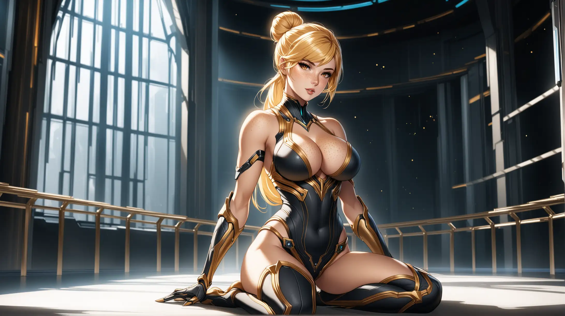 Seductive Blonde Woman in Warframeinspired Outfit with Natural Lighting