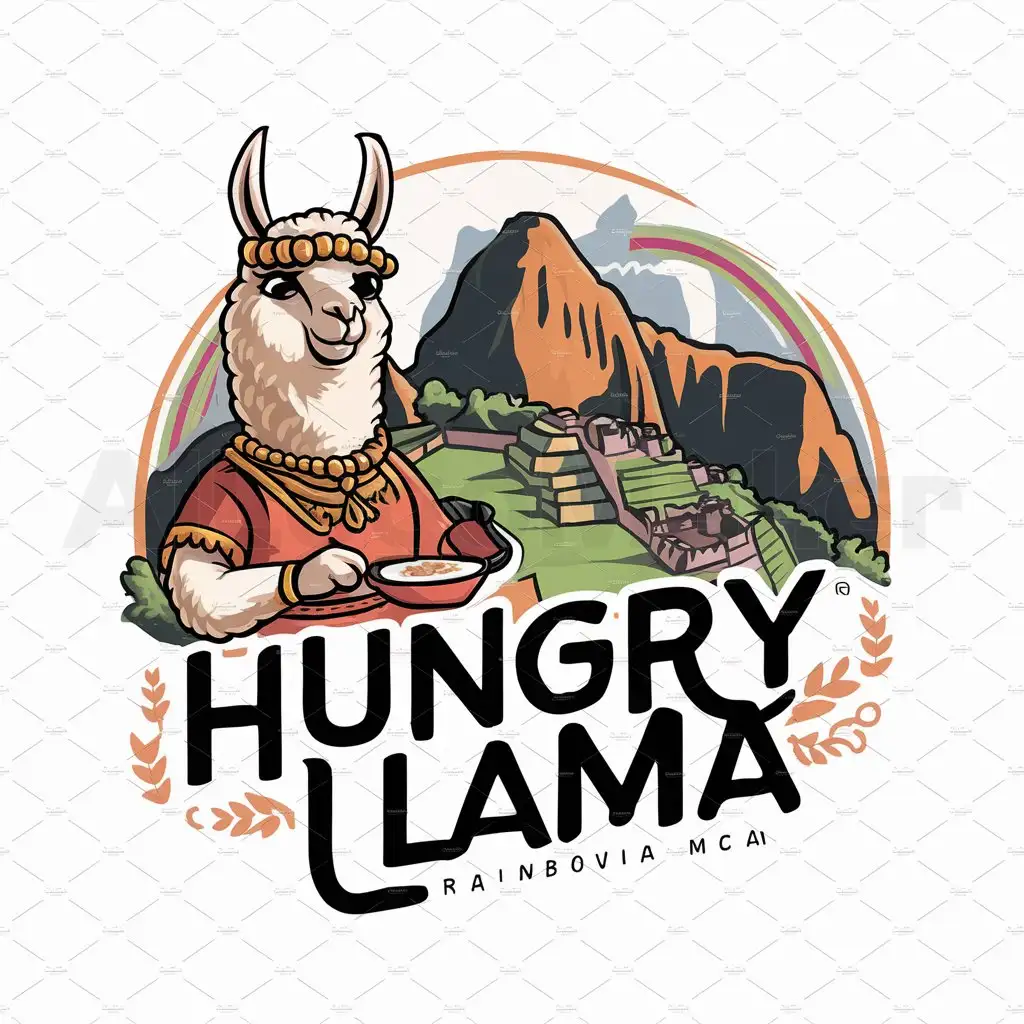 a logo design,with the text "Hungry Llama", main symbol:A llama dressed in Inca clothes with gold jewelry cooking with the Machu Picchu and the rainbow mountains,complex,clear background