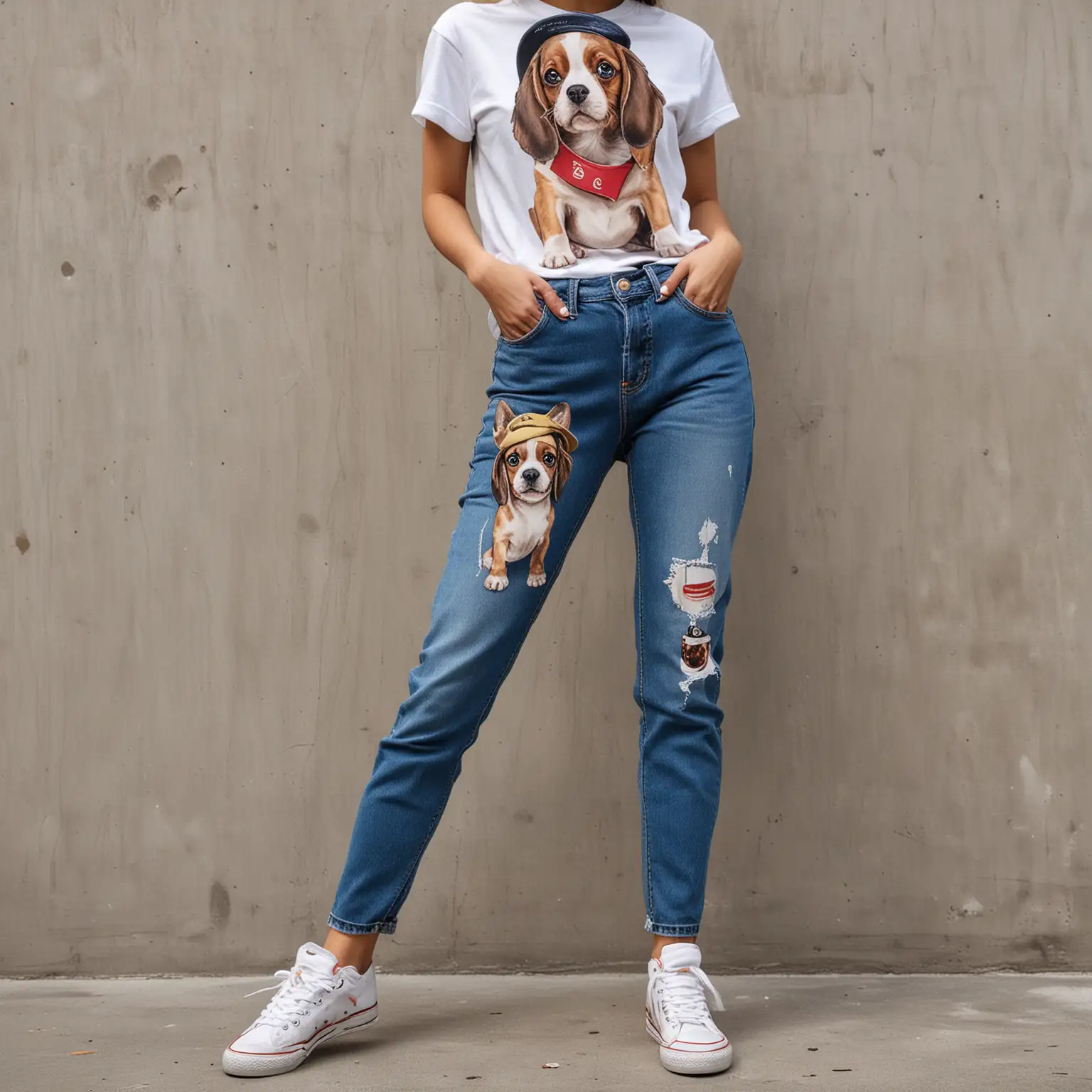 women wearing denim jeans, with painting of cute puppy at front, with long ears and hat