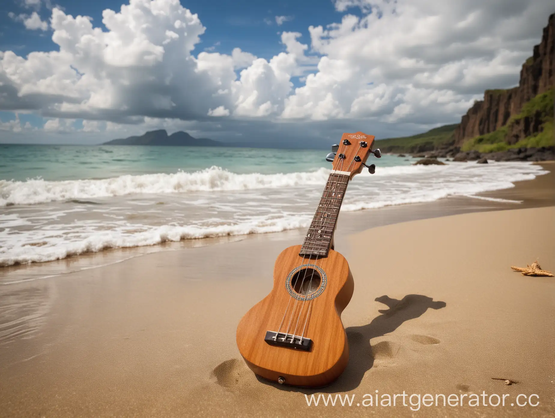 Ukulele-on-Sandy-Beach-with-Sea-and-Clouds-in-Background