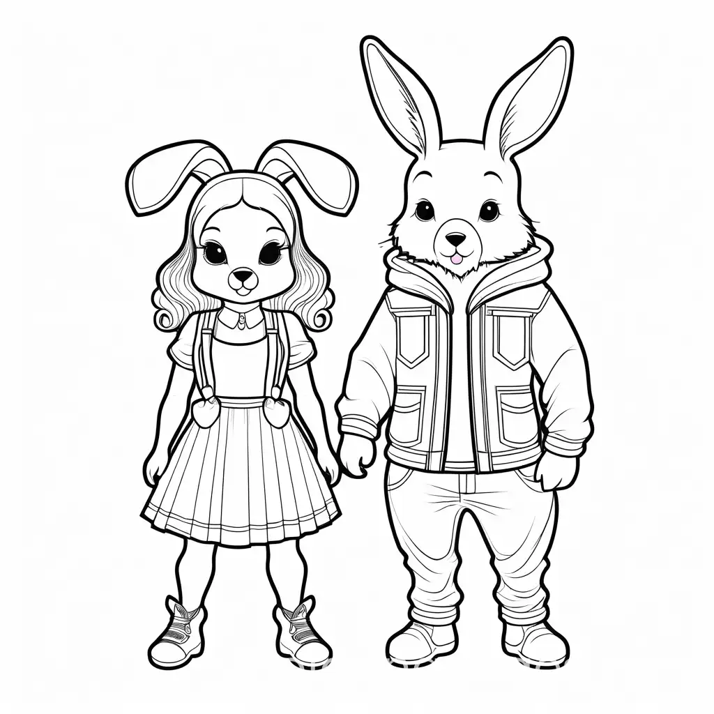 fashion anthromorphic boy bear and girl bunny, Coloring Page, black and white, line art, white background, Simplicity, Ample White Space