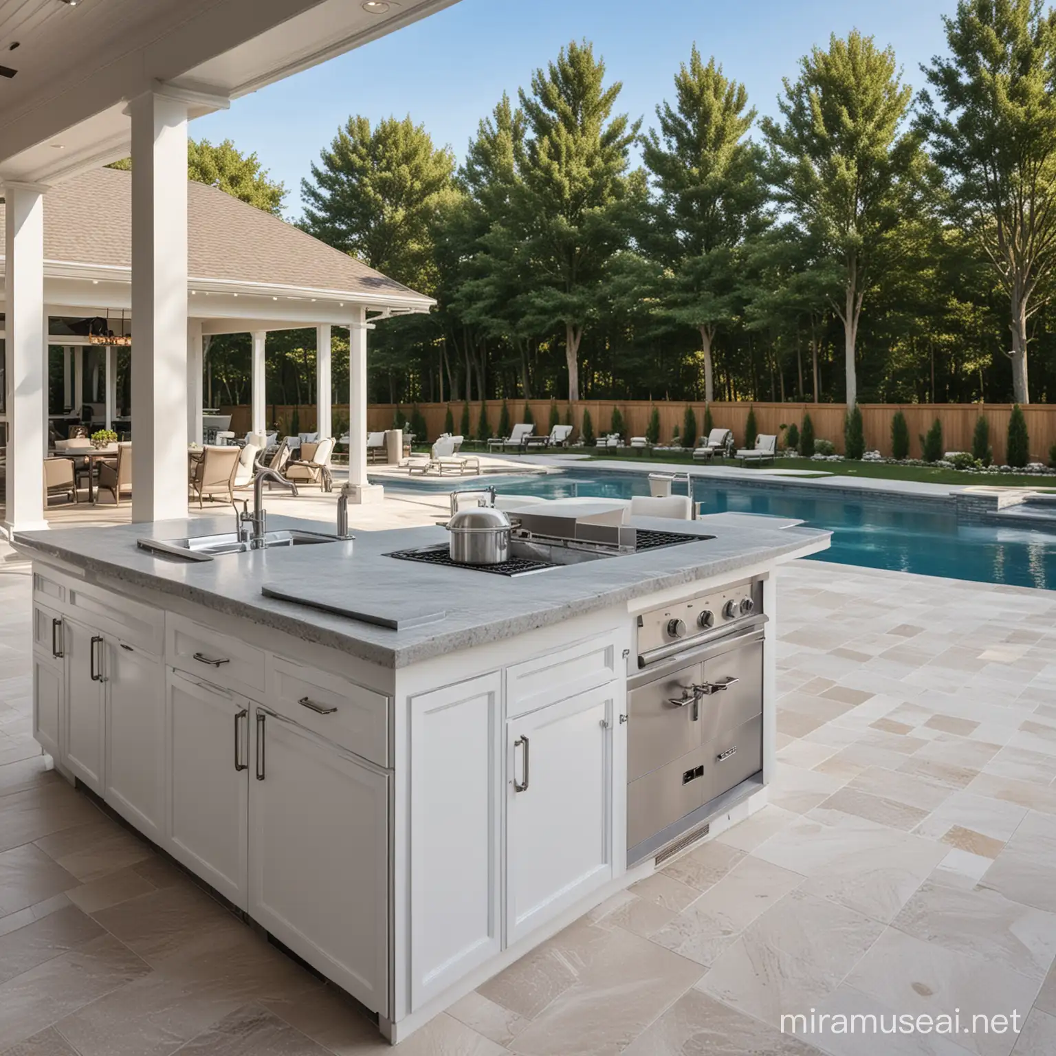 Luxurious Outdoor Grill Area with White Laminate Cabinets and Poolside Seating