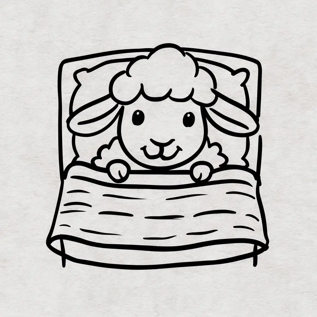 doodle drawing of a sheep tucked in bed very innocent, very sweet and childish, very simple drawing with minimal details