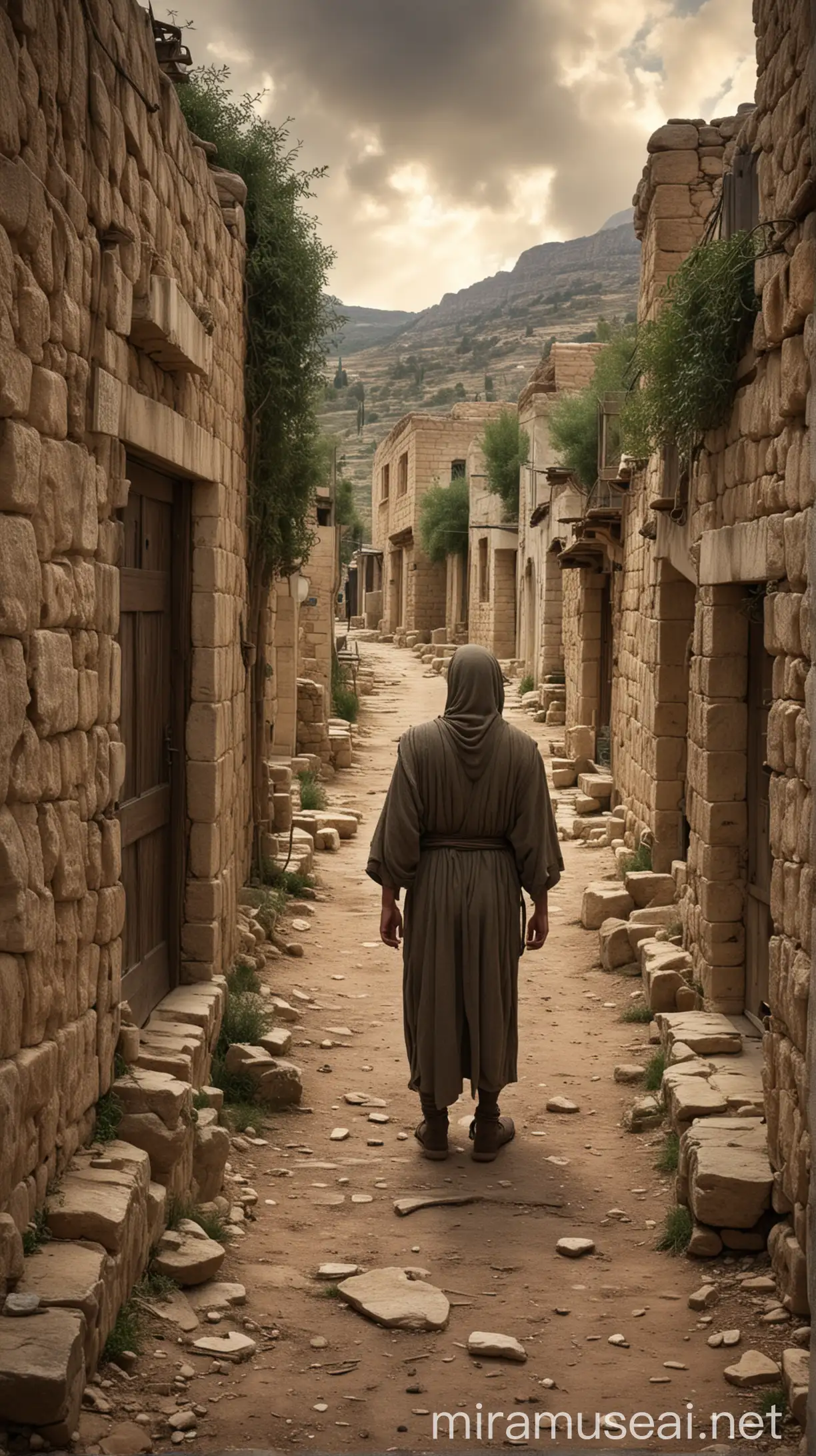 Mysterious Figure Simon in Ancient Samarian Town with Magical Aura