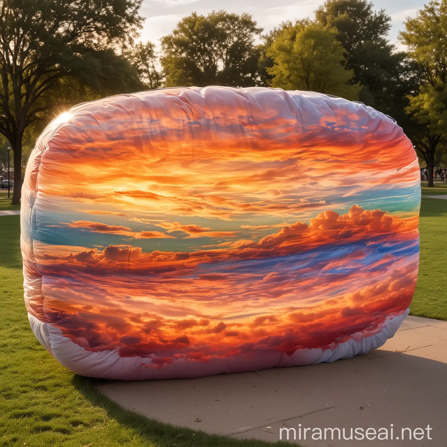 Большое прозрачное облако арт - объект из нескольких линий цвета заката в общественном парке в Америке и вокруг него лежат пуфики