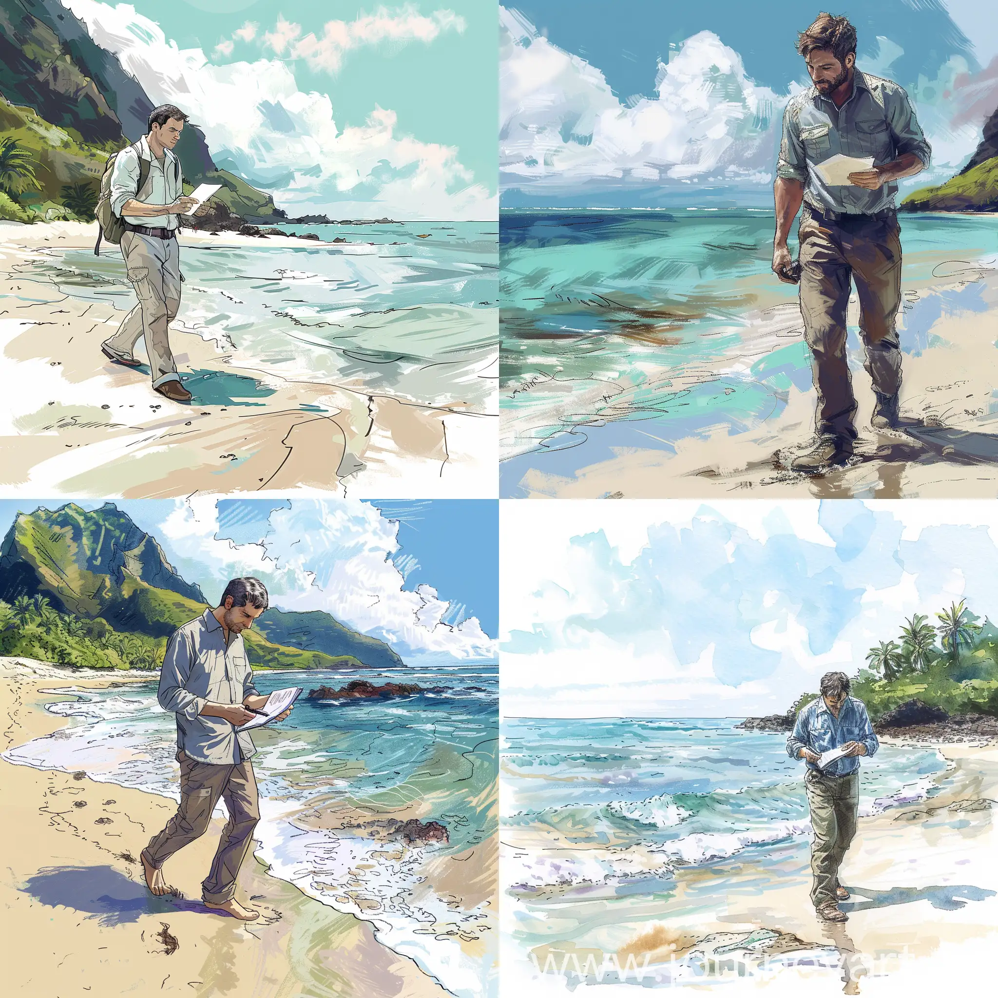 Нарисуй человека-морского биолога. Он идет по пляжу, делает какие-то записи. Пляж красивый и на каком-то острове. 