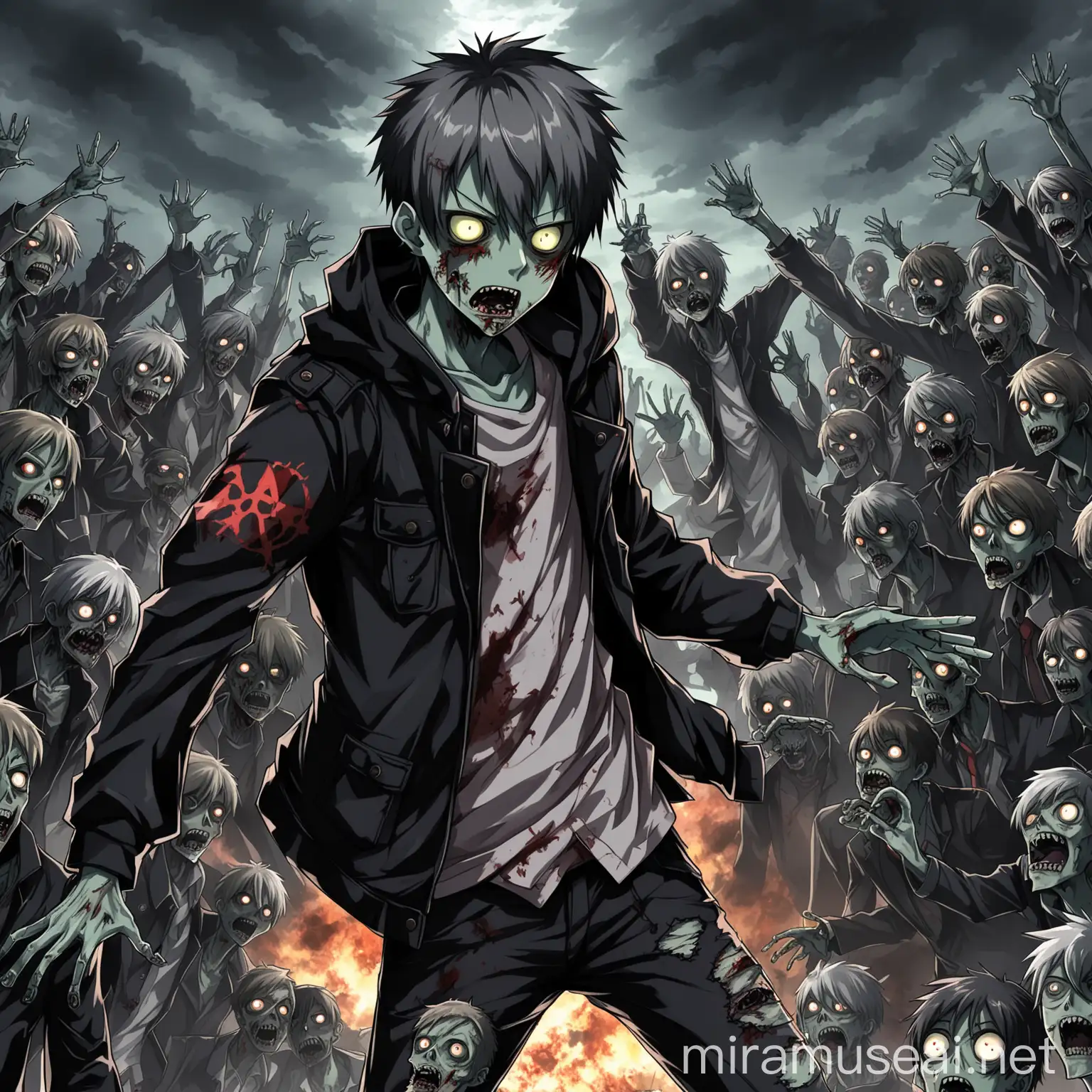 anime boy, black jacket, hold a revolve, zombie appocalypse