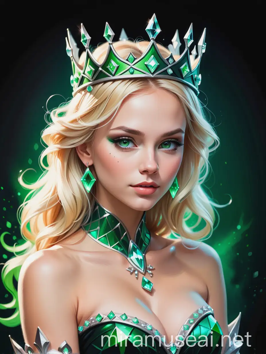 A half body painting of a wicked and beautiful blonde princess, wearing a crystal crown, on a black and green background, in fantasy drawing style