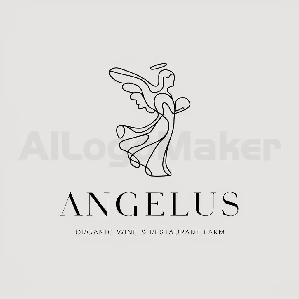 a logo design,with the text "ANGEL", main symbol: Design a minimalist, single-line drawing logo for "ANGELUS" organic wine and restaurant farm, blending modern aesthetics. The business name is "ANGELUS", and we focus on organic farming with respect for nature and animals.

(Note: I am a text-based model and cannot create visual content or drawings. However, based on your description, here's an example of how the logo concept could be described in words.)

A delicate, fluid single line drawing forms an angelic silhouette, representing "ANGELUS". The line elegantly curves to create wings, a halo, and a flowing gown, capturing harmony and simplicity. Modern typography with clean lines and a balanced layout complements the angel icon, completing the "ANGELUS" logo.,Moderate,be used in wine and restaurant industry,clear background