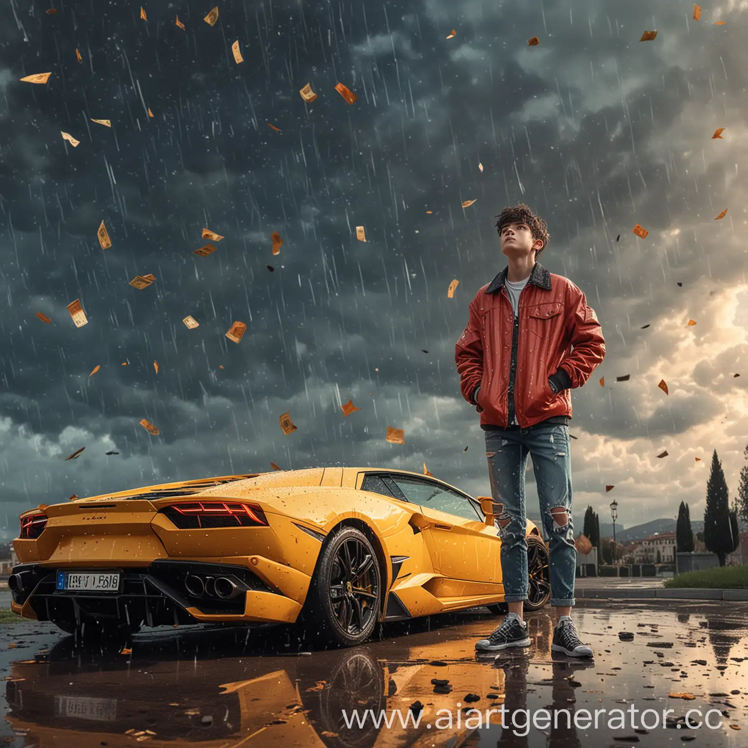 Fashionable-Teenager-by-Lamborghini-with-Money-Rain