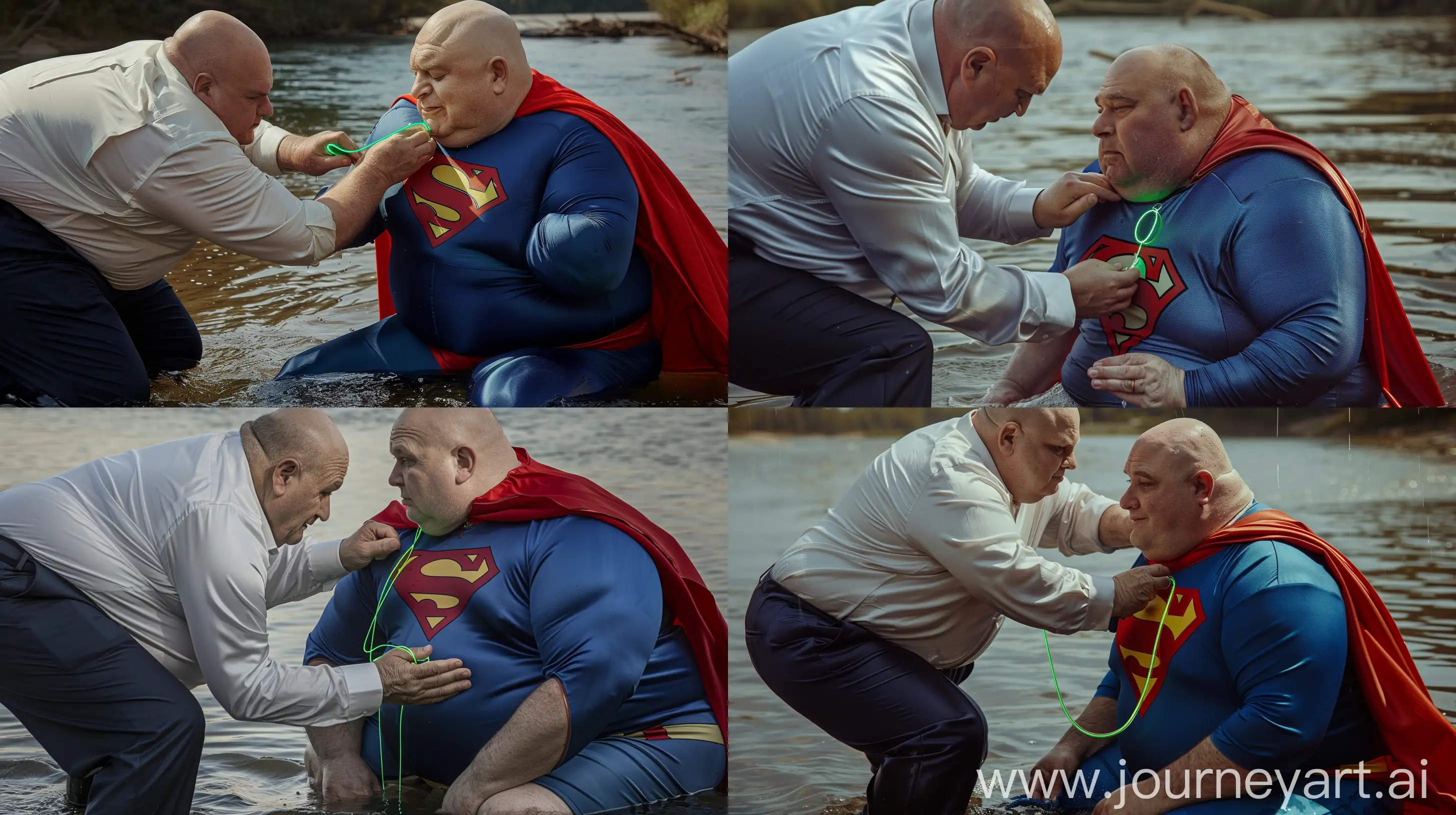 Close-up photo of two fat men aged 60. The first man is wearing silk navy business pants and a white shirt, bending and putting a tight green glowing small round neon flat necklace on the nape of the second fat man aged 60 wearing a tight blue superman jumpsuit with a red cape sitting in the water. River. Bald. Clean Shaven. Natural light. --style raw --ar 16:9