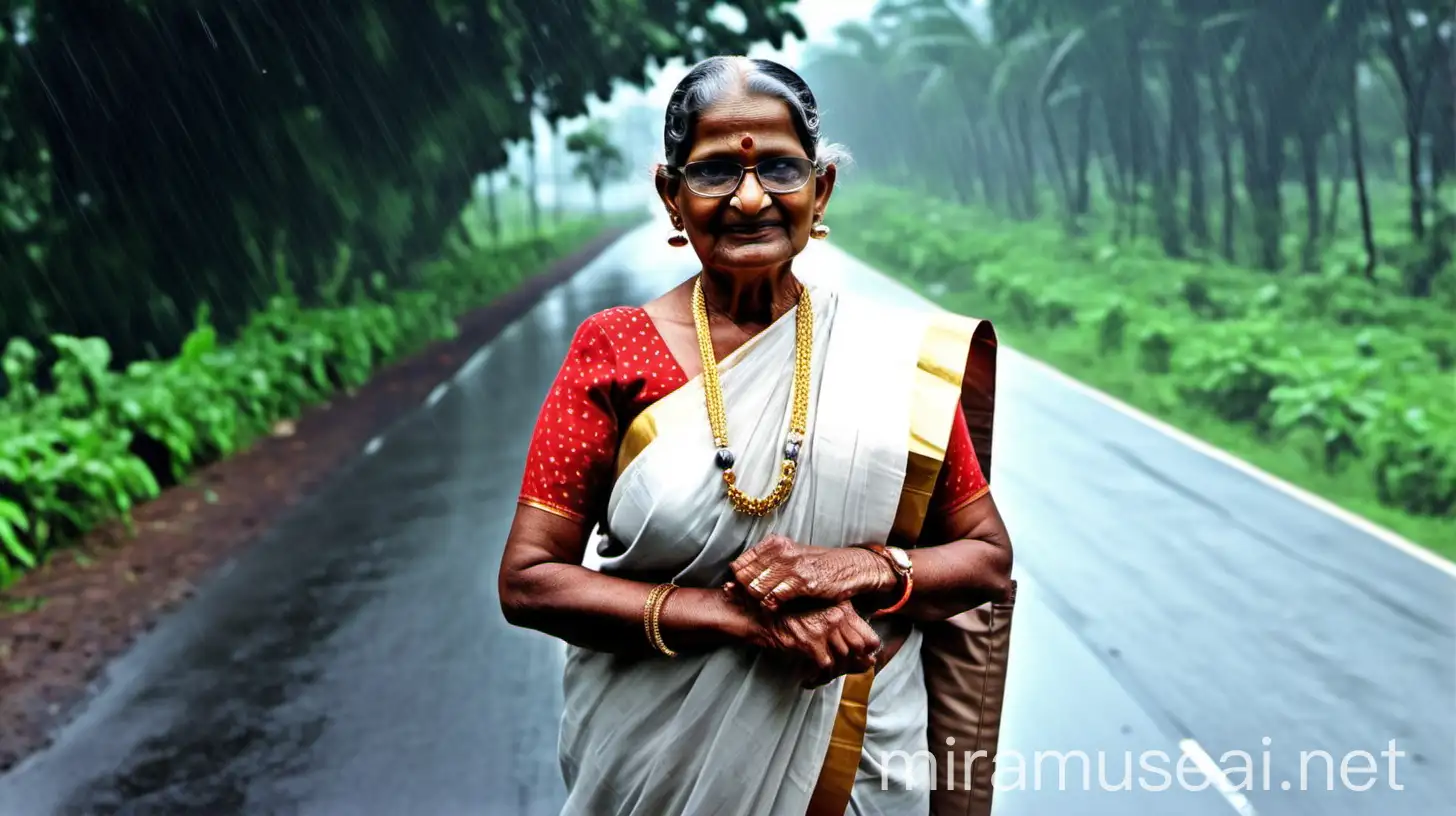 Elderly Indian Housewife School Teacher Standing in Rain on Forest Highway