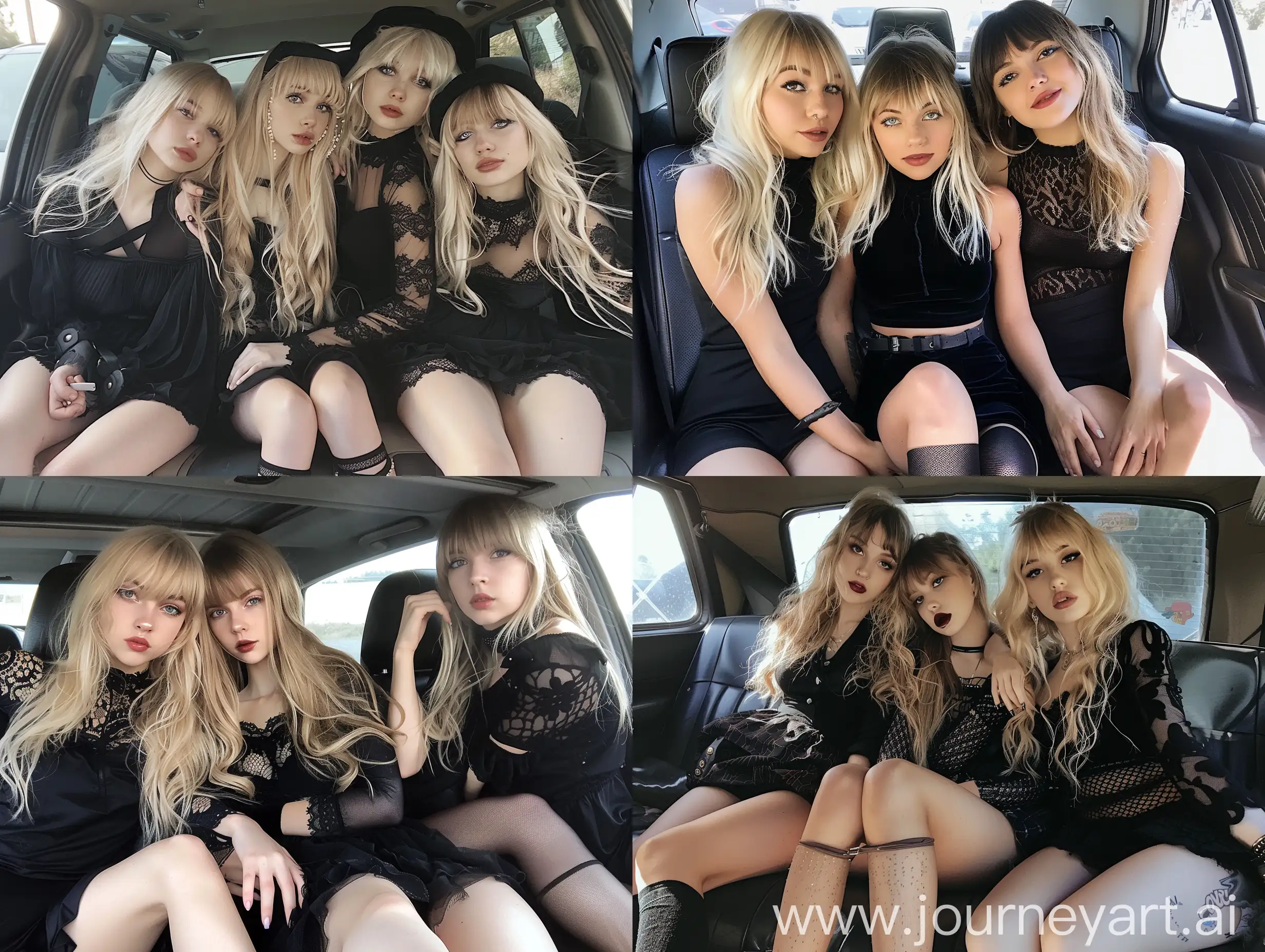 3 girls, long blond hair ,bangs, fringed hair, 22 years old, inside car, influencer, beauty ,, black dress, up legs,  makeup,, sitting on car ,
 socks and boots, no effect, selfie , iphone selfie, no filters , iphone photo natural

