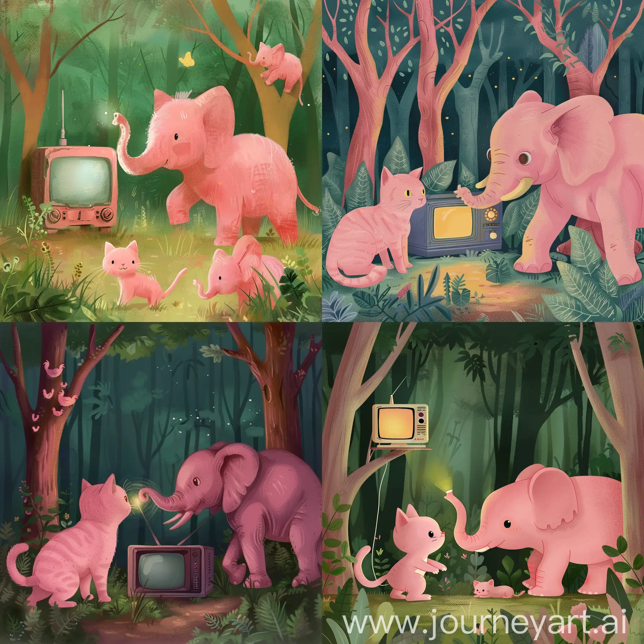 Pink-Cat-Watching-TV-with-Pink-Elephant-in-Forest