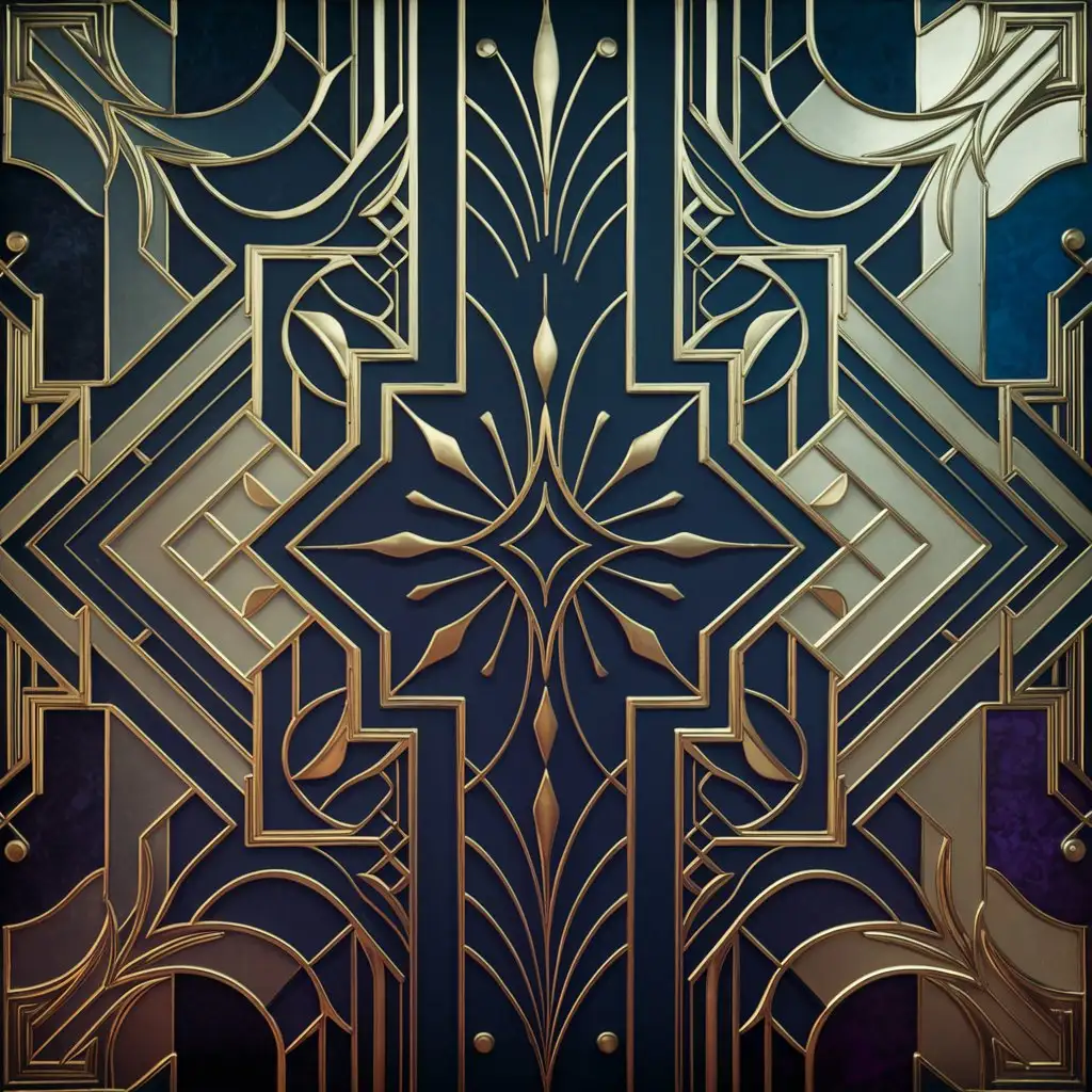 An art deco design with symmetrical patterns and gold accents.