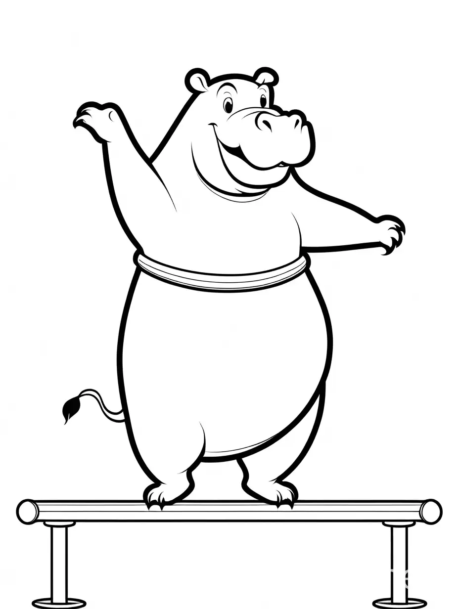 An adorable, super simple black and white illustration of a smiling hippopotamus gracefully performing a trick on a gymnastics beam. The o utline of the hippopotamus is bold and clear, with no shading or filled black areas. The background is mostly blank, allowing for easy coloring within the lines. The hippopotamus radiates joy and playfulness, capturing the essence of a friendly and playful character., Coloring Page, black and white, line art, white background, Simplicity, Ample White Space. The background of the coloring page is plain white to make it easy for young children to color within the lines. The outlines of all the subjects are easy to distinguish, making it simple for kids to color without too much difficulty