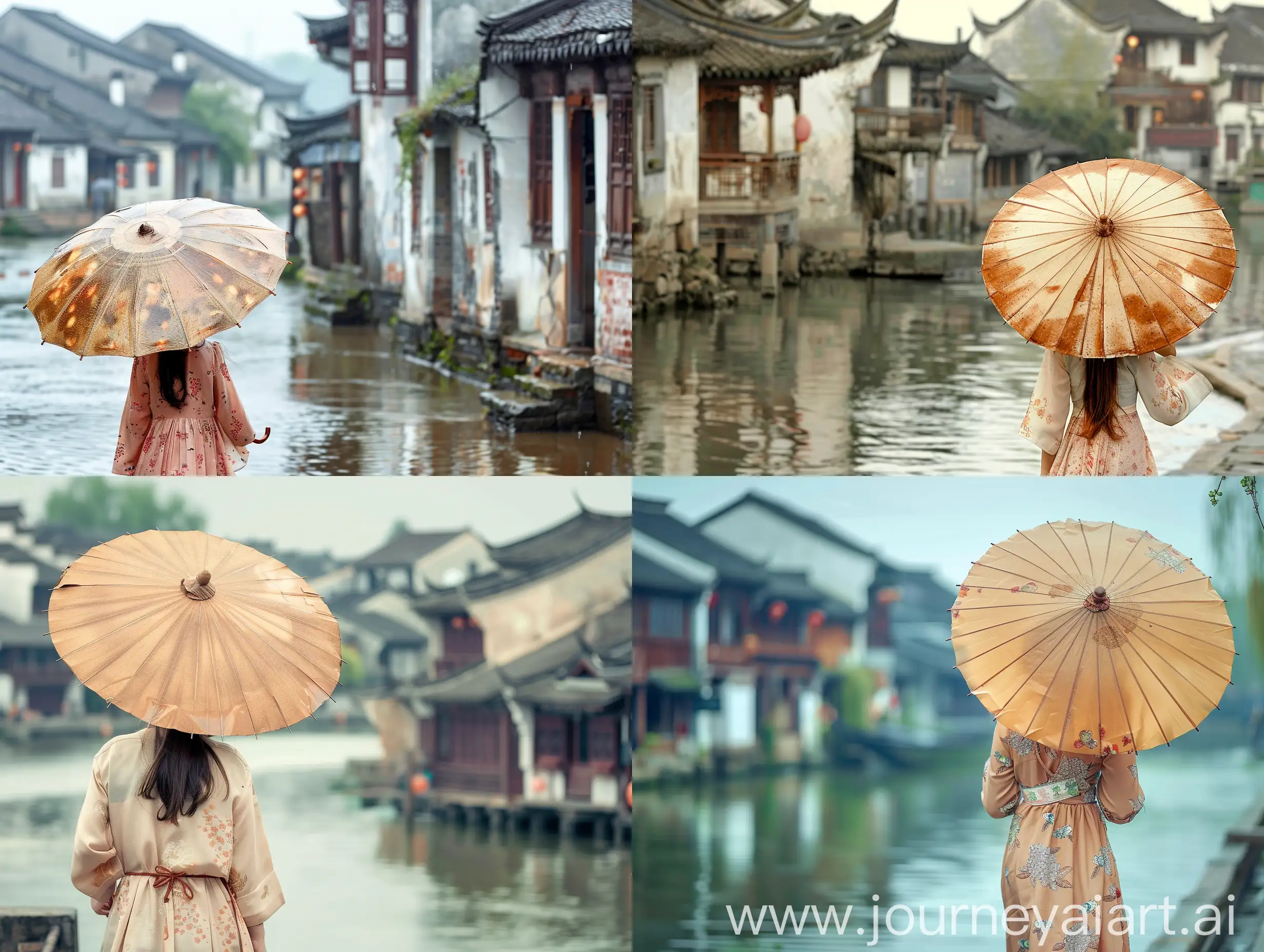 一位打着油纸伞的少女漫步在江南水乡