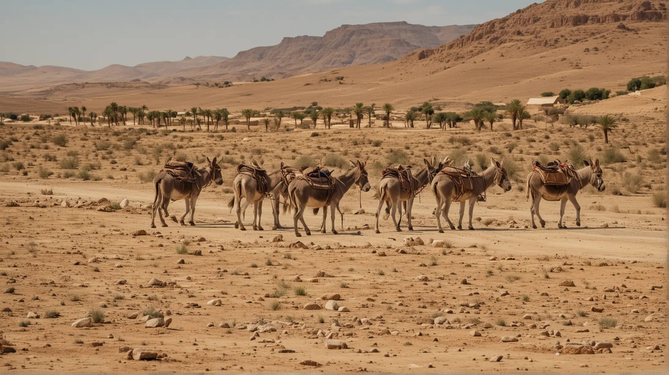Biblical Era Scene Donkeys and People in the Desert