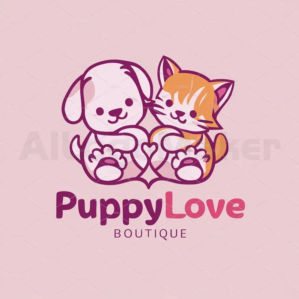 a logo design,with the text "PuppyLove Boutique", main symbol:The main symbol of the logo is a cute combination of two elements: a puppy and a kitten holding paws, forming together a heart. The outlines of the animals are soft and rounded to express tenderness and affection.,Moderate,be used in Animals Pets industry,clear background