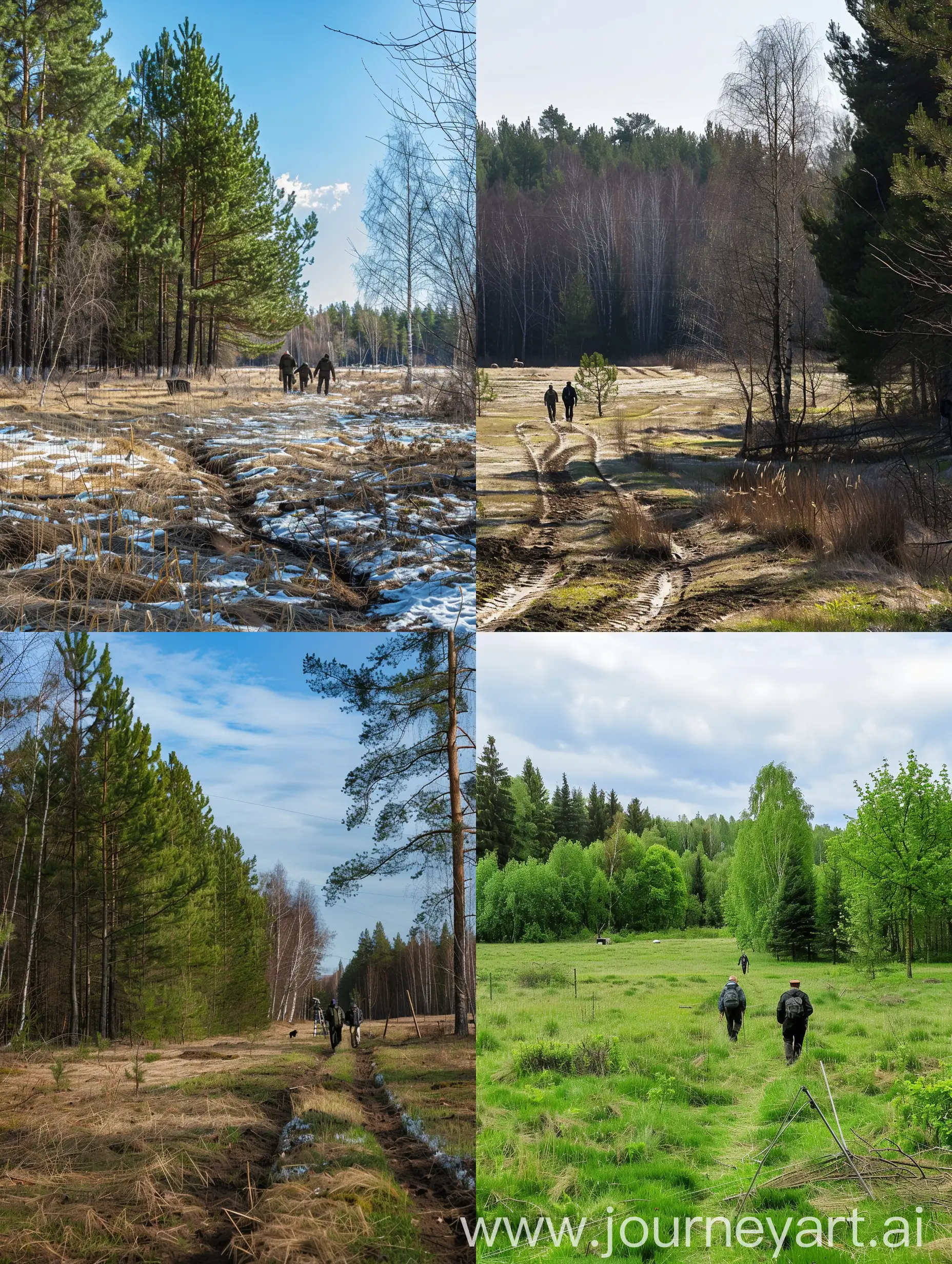 Russian meadow with trees and rye slush near the coniferous forest and Zakhalustnaya village In spring and there walk cadastral engineers and surveyors with theodelite