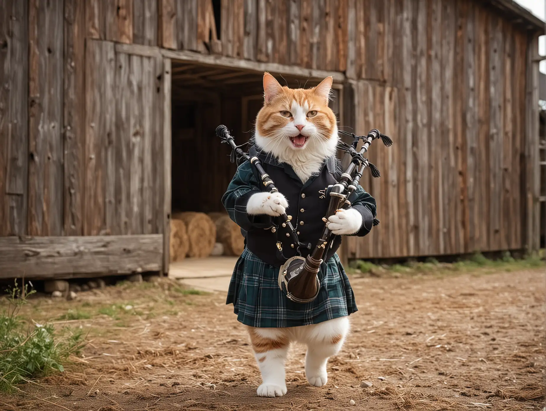 Smiling Cat Playing Bagpipes Outside a Large Barn
