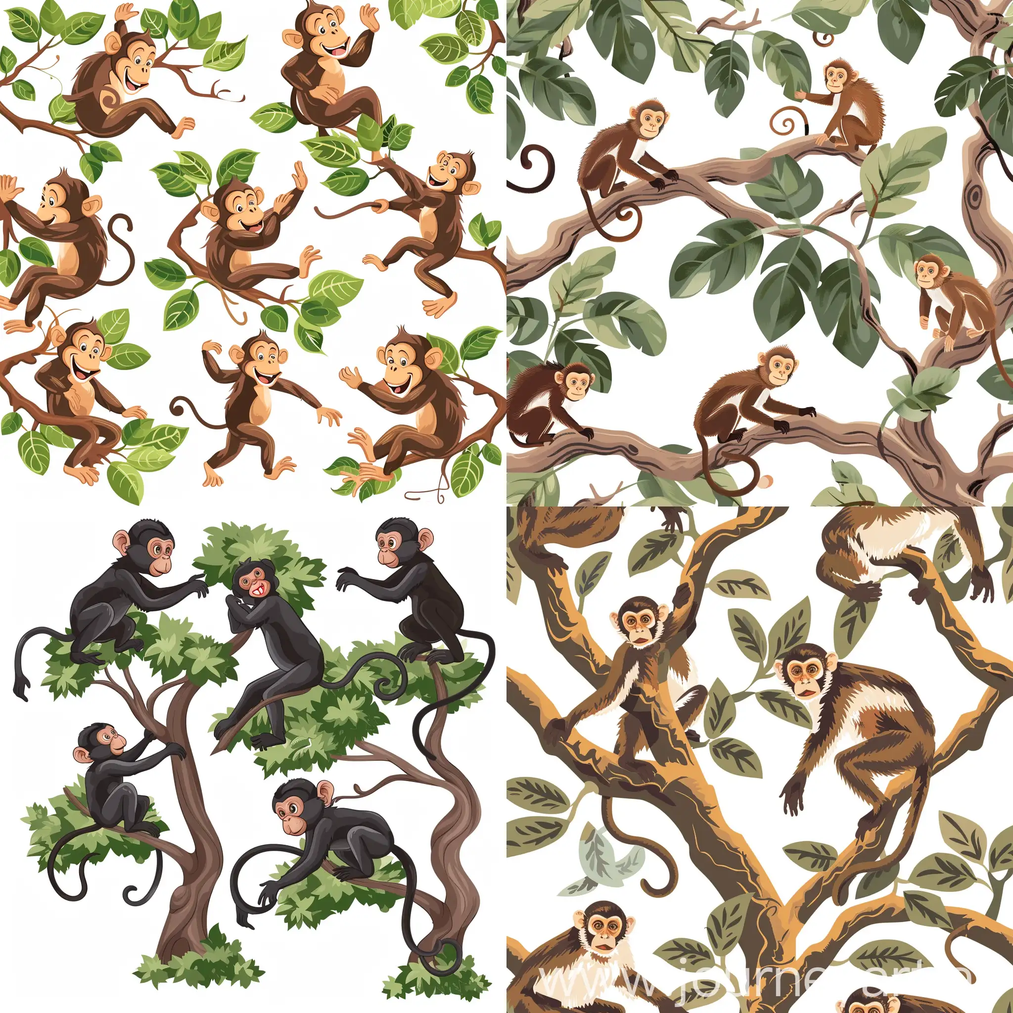  обезьяны сидят на ветках деревьев. Обезьяны спускаются с деревьев. Обезьяны радостно бегают по земле.