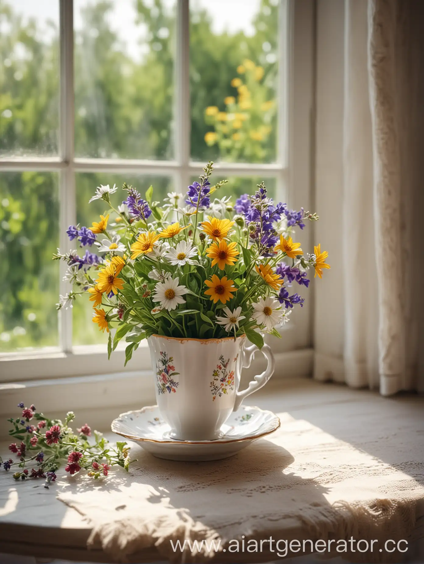 Чашечка кофе на столе рядом букет полевых цветов за окном солнцу обстановка в доме уютная реалистичность, четкость картинка