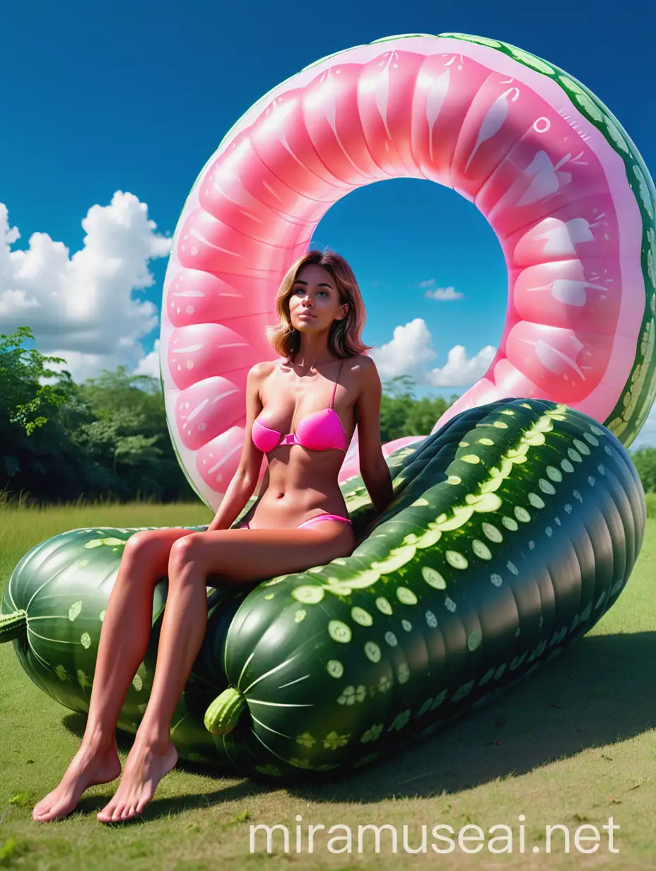 A tanned adult model, sitting on top of an inflatable, two meter long pink cucumber, wich lies horizontally on the grassy ground, tropical background, blue sky, with some fluffy fractal clouds, 8k