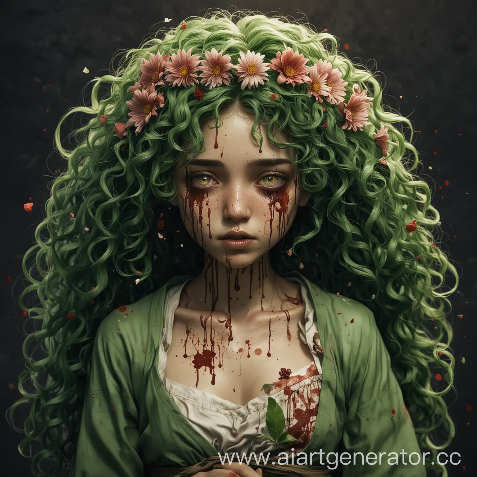 Ханахаки, девушка с зелёными кудрявыми волосами, которую тошнит кровью и цветами. Цветы прорастают через её тело, раны кровоточат. Ещё больше крови, ран и цветов
