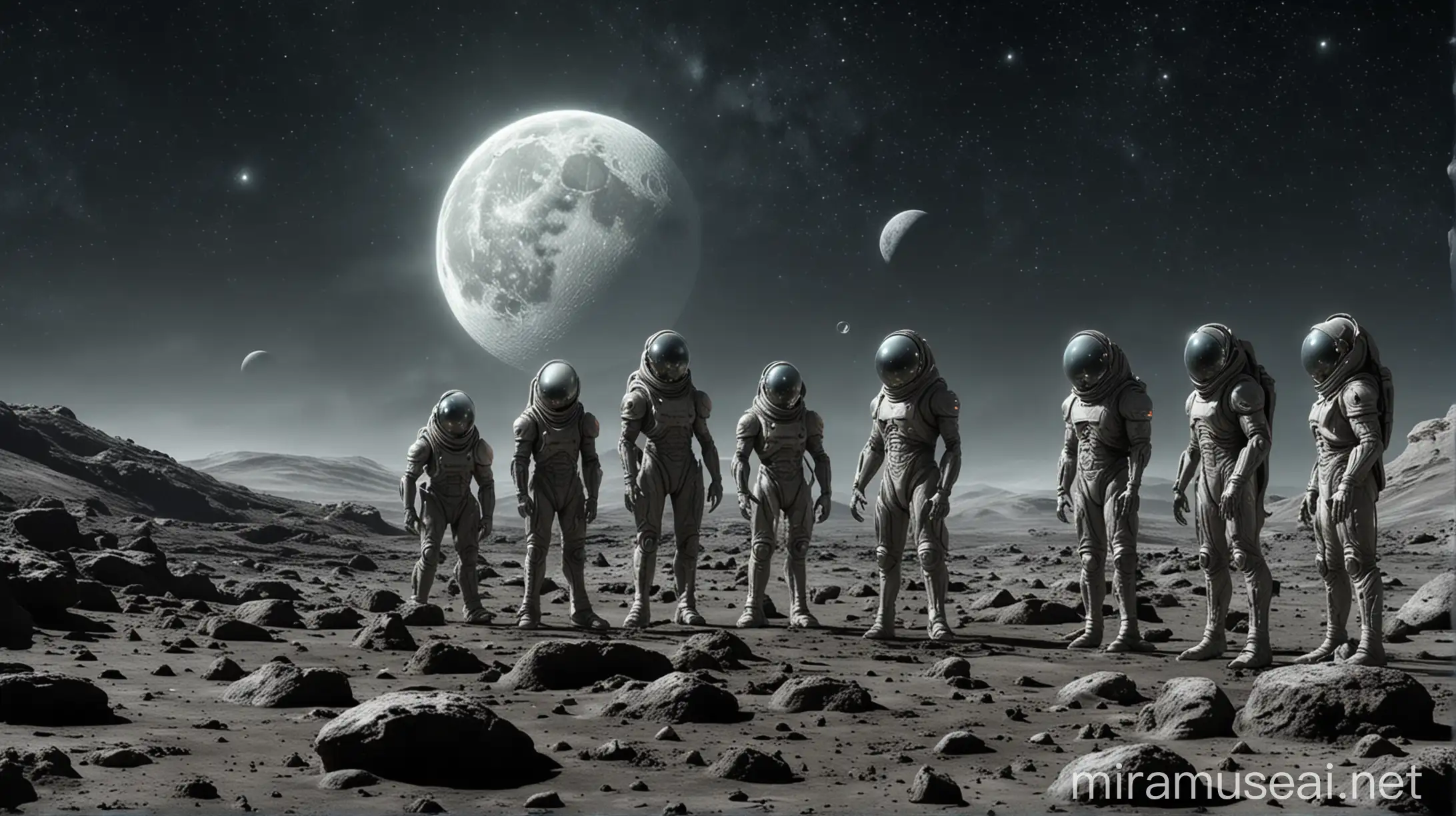 Create an image of a group of aliens on the moon. The aliens should be diverse in appearance, with varying sizes, colors, and shapes. They are exploring the lunar surface, examining moon rocks, and interacting with each other. The background should feature the Earth visible in the distance, with the moon's gray, cratered landscape under a star-filled sky. Some advanced alien technology, like futuristic vehicles or equipment, should be present, adding a sense of wonder and intrigue to the scene