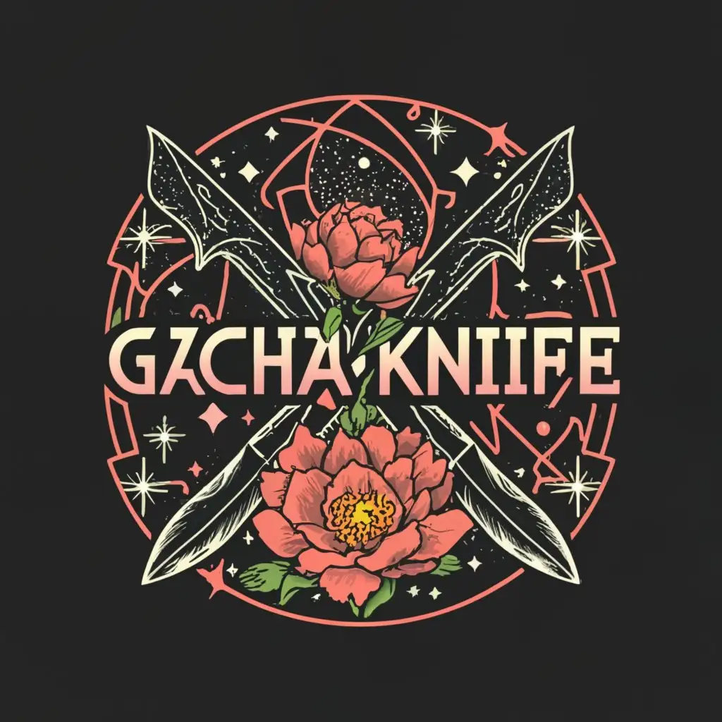 a logo design,with the text "Gacha Knife", main symbol:Knives, peonies, against the backdrop of the universe,complex,be used in Religious industry,clear background