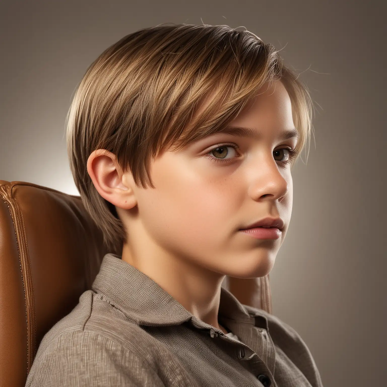 Hyper realistic photo of eleven year old boy, close up smooth, neatly combed, straight, flat, shiny light brown, with highlights, shoulder length hair, parted on side, resting in chair bright light overhead, profile view 