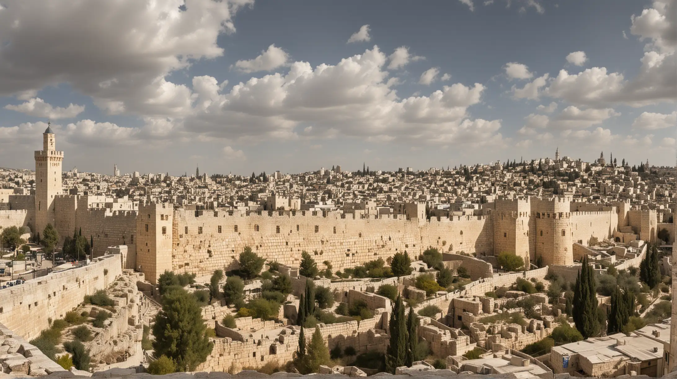horizontal panorama of old city jerusalem walls with tower of david on left