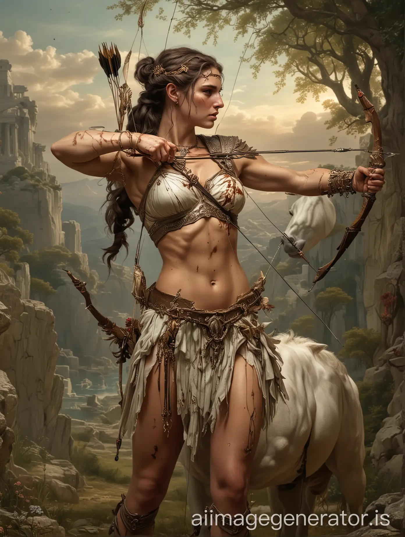 female centaur, with full background, wounded, with bow and arrow and jewelry, with greek mythology and nature done well in the background, done realistically