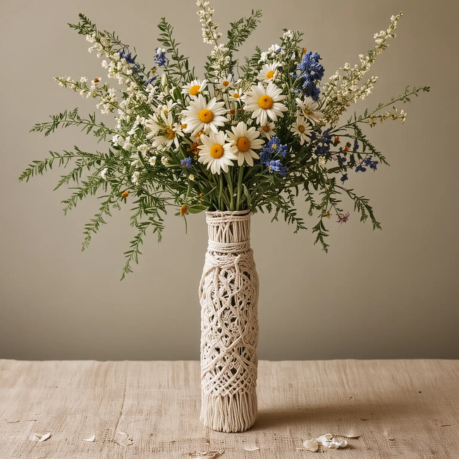simple boho vase covered in boho macrame and filled with wild flowers for a simple boho wedding centerpiece