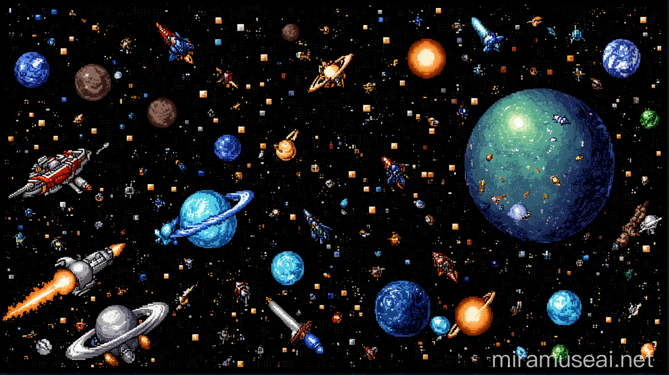 generate a 1920x1080 image in space galaxy with some meteors spaceships planets and use pixelart. can you make the image also have less prompts but only a couple of drawings i want it rather simple. Can you make the background also a bit transparent so that it blends better and reduce the art i want only 1 planet at the corner and then just a couple of small spaceships and meteros