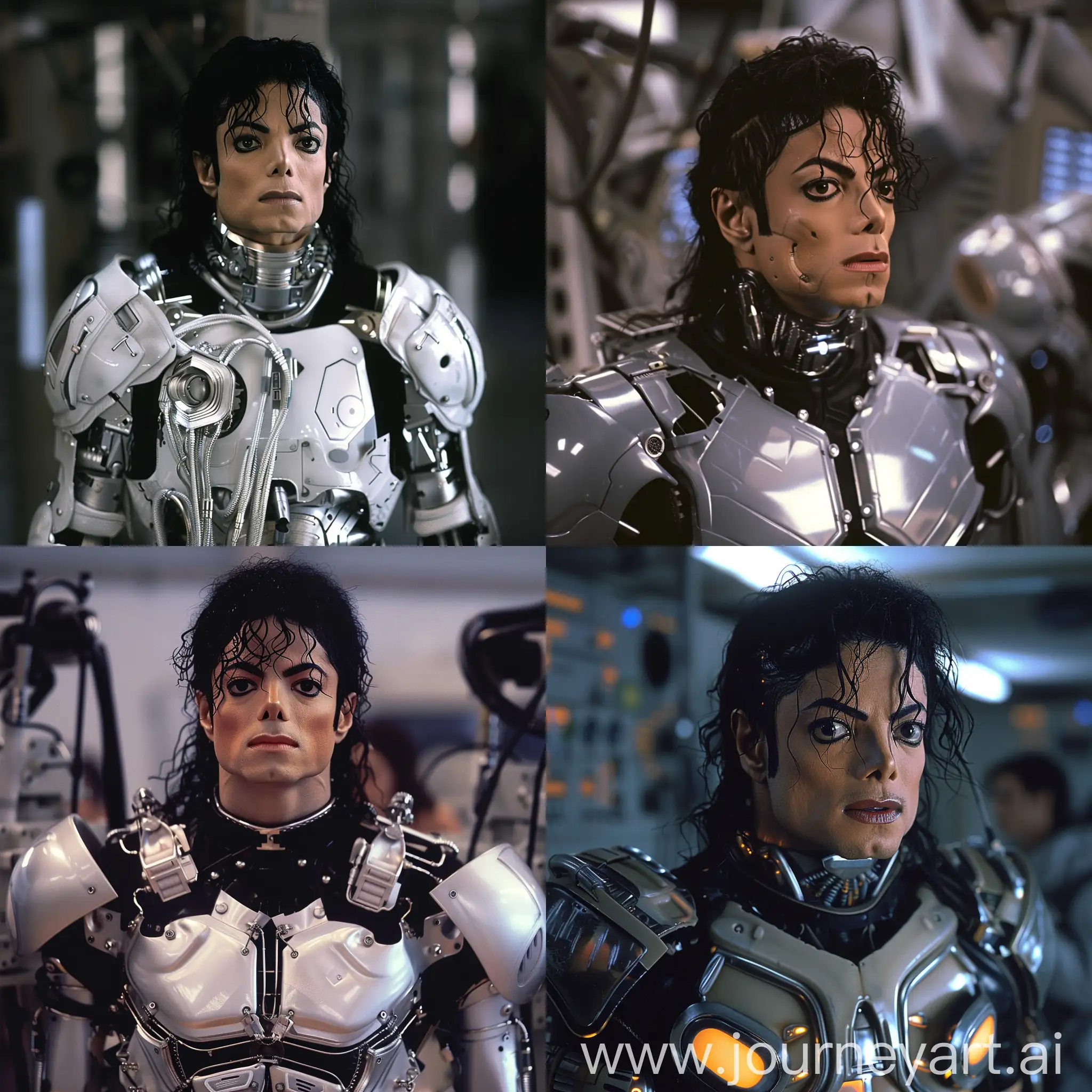 Michael Jackson in cybernetic suit, realistic style.