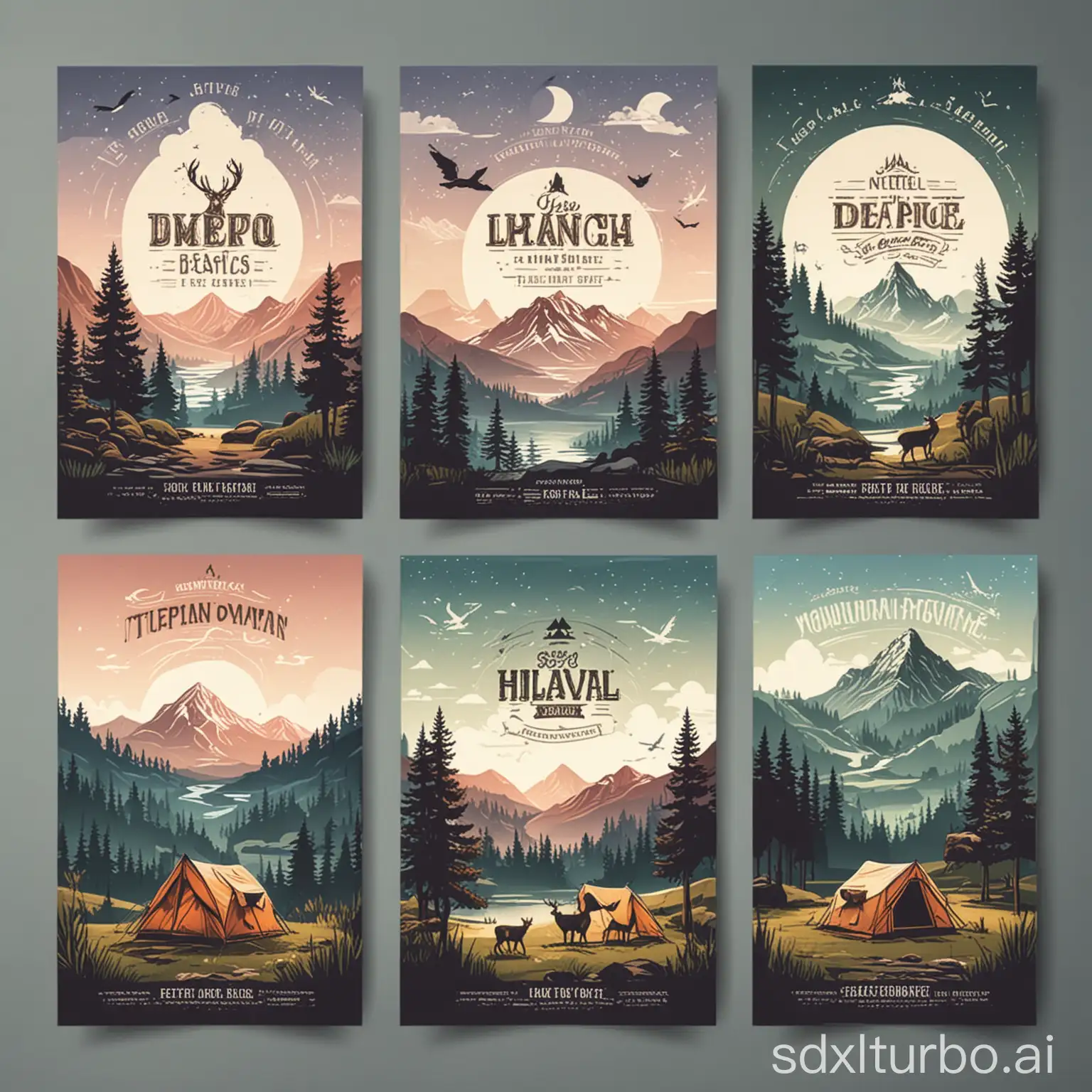 Vector illustration. Flyer, brochure, banner template design with travel inspirational quotes, landscape, deer, camping tent, forest and mountain silhouette