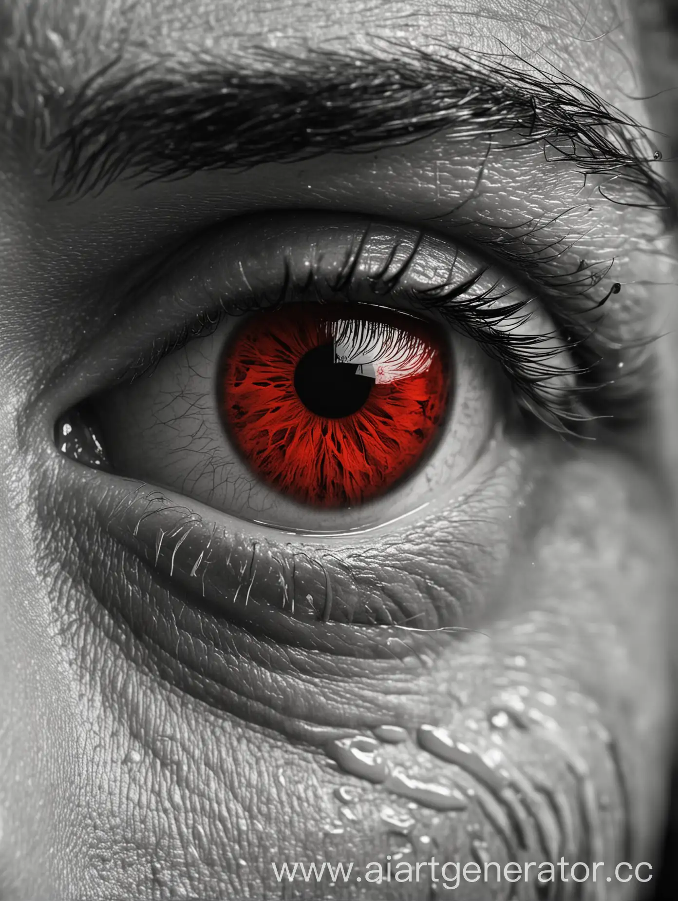 чёрно-белая картинка, на которой крупным планом изображён глаз мужчины, из которого текут кровавые слёзы красного цвета
