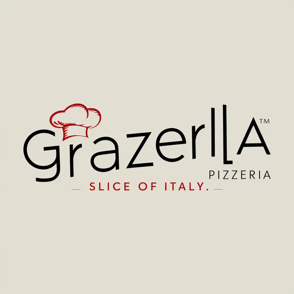 Graziella Pizzeria logo, Sharp type style, Restaurant logo, Italian colors, Chef hat sketch, Slogan, Slice of Italy, Simple, Slim, 