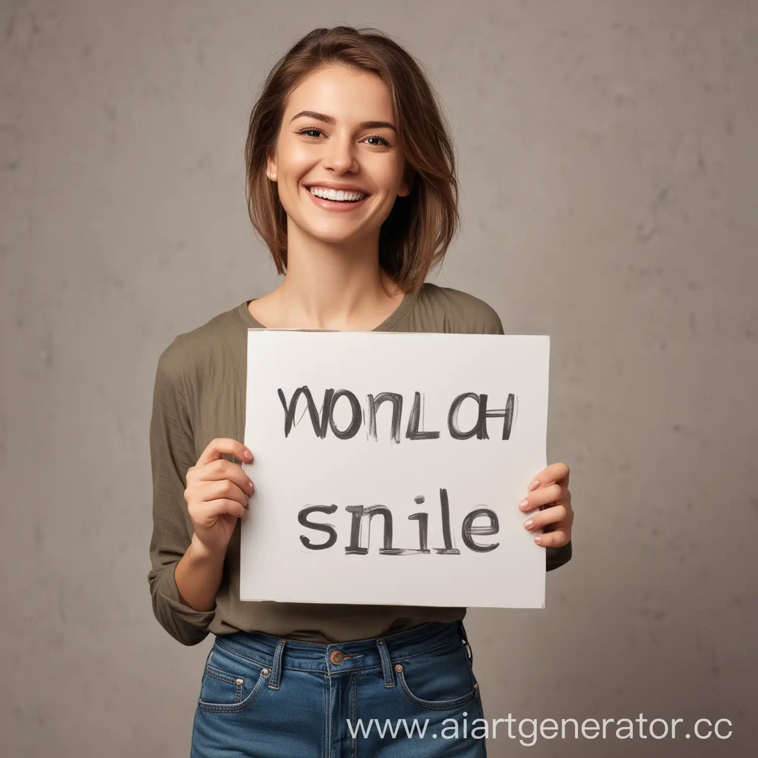 Woman with the smile and holding a sign in her hands