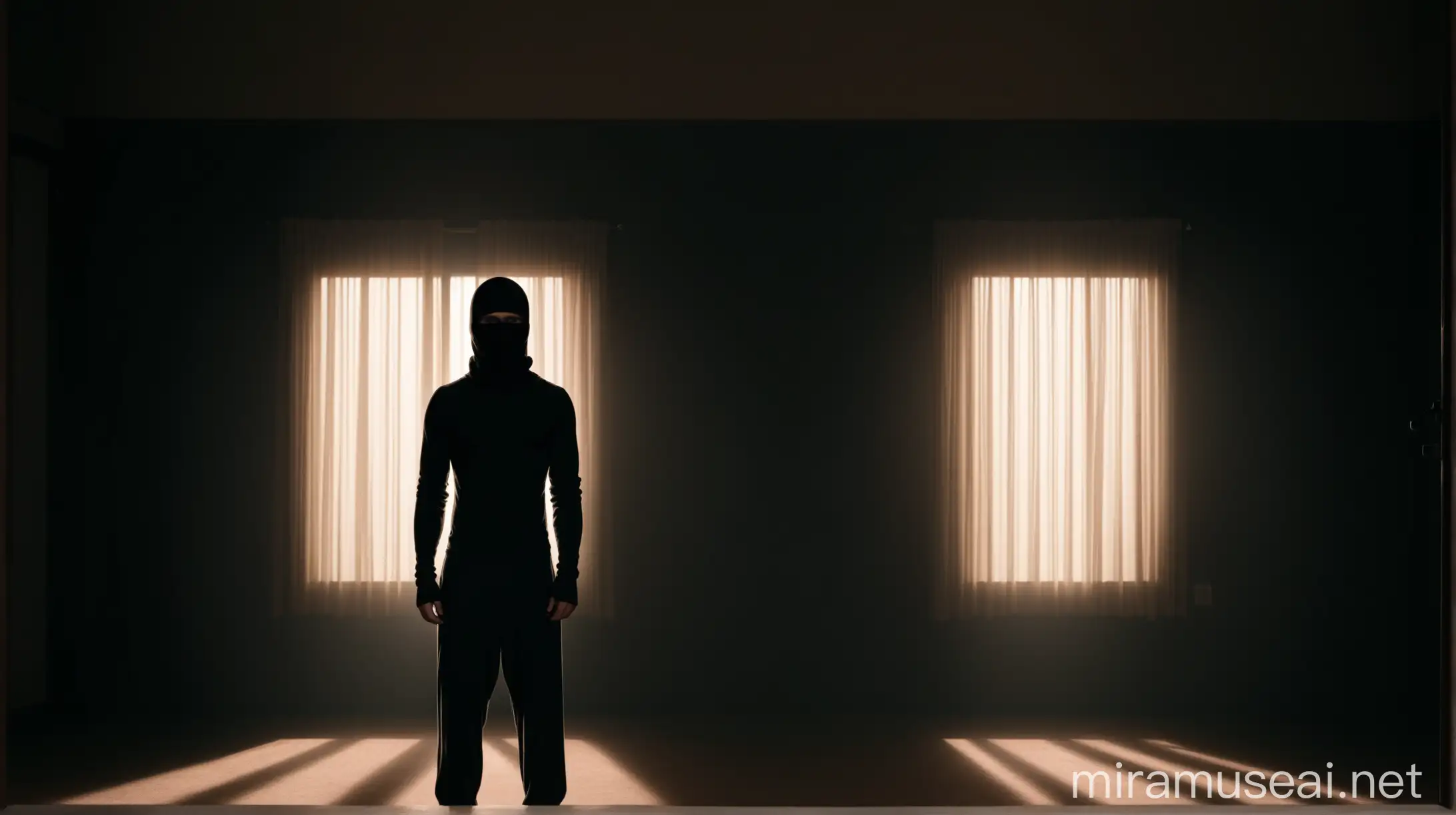 wide shot, The room is dimly lit, with soft light filtering in through the curtains, full frontal view, a shirtless man in a balaclava stands in an empty room