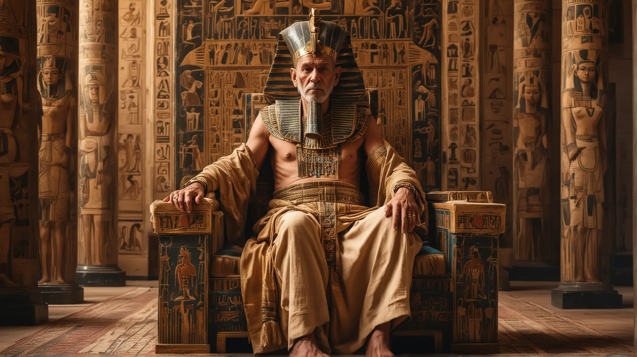 Древний Египет, старый фараон-мужчина в роскошной древнеегипетской одежде торжественно сидит на величественном богато украшенном троне во дворце и держит на руках маленькую девочку
