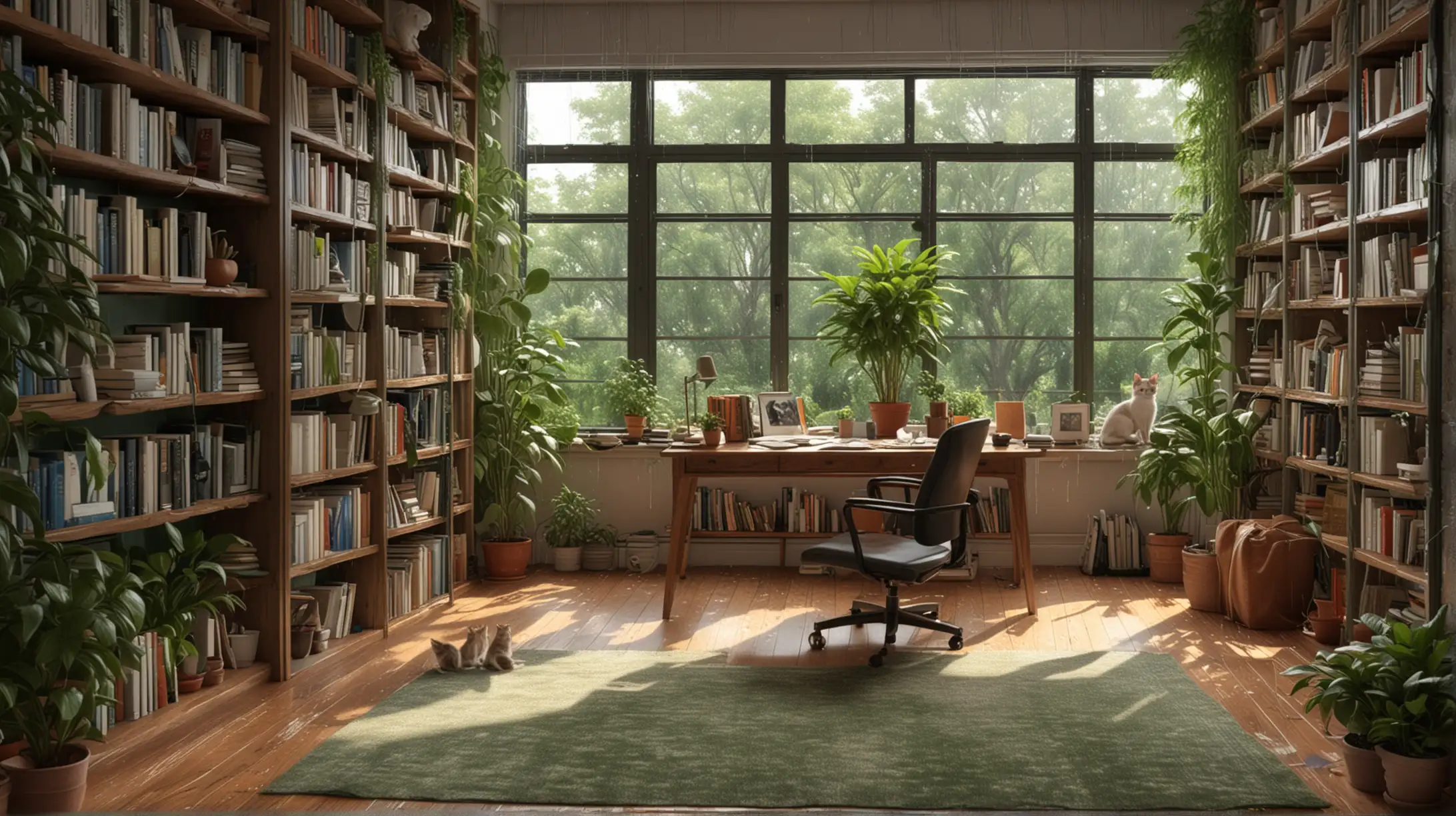 温馨的书房 一整面墙的书架 放满书籍 落地窗 绿植 书桌 电脑 椅子 窗外下雨 小猫 8k 电脑桌  地上放满书和画