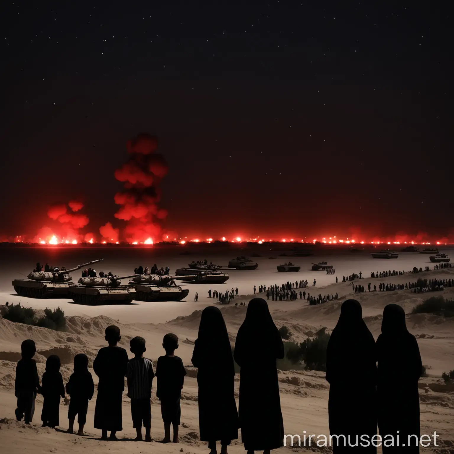 gazans; women children and men watching the tanks approaching from the horizon as the night sky starts to turn blood red