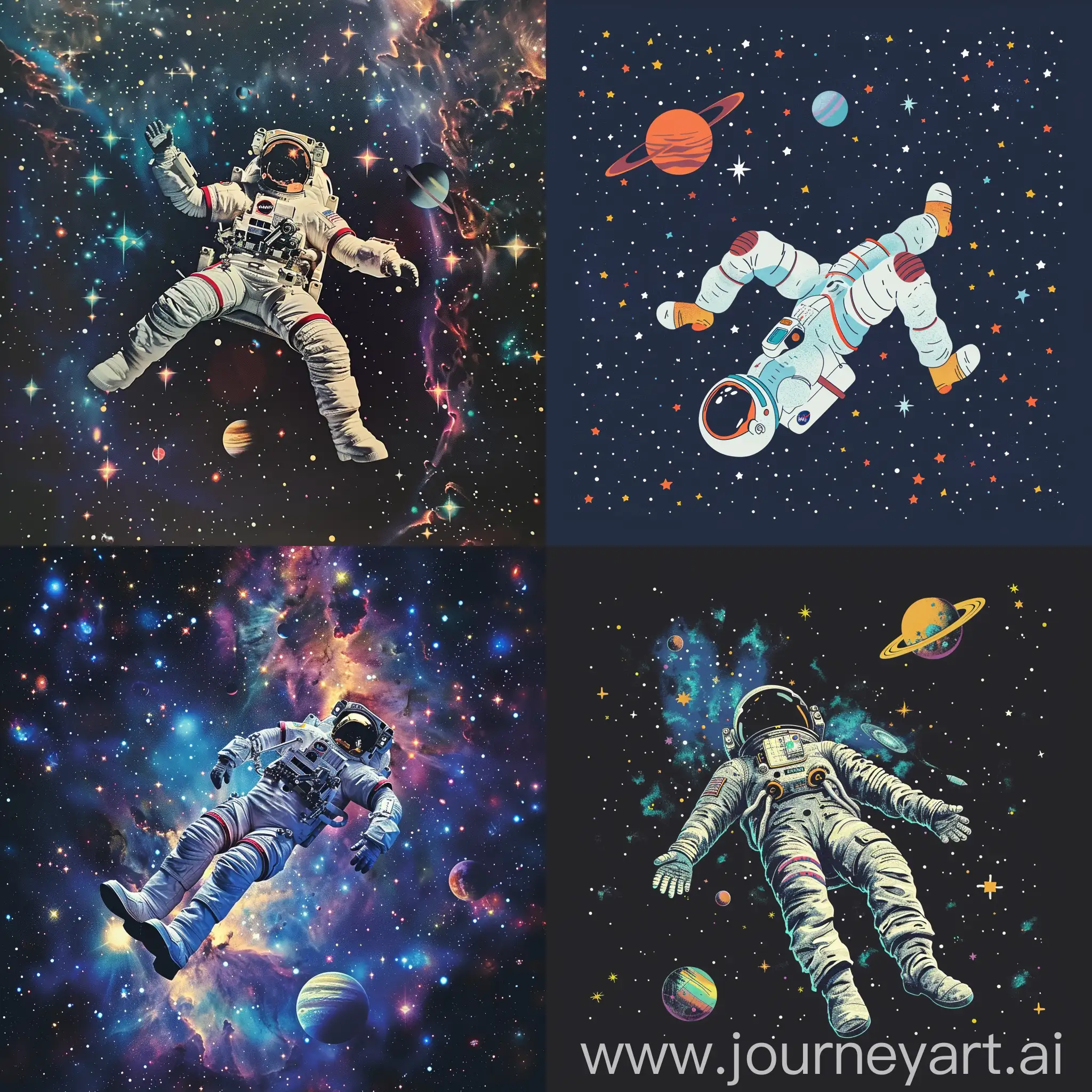 A brave astronaut floating in space, surrounded by stars and planets.