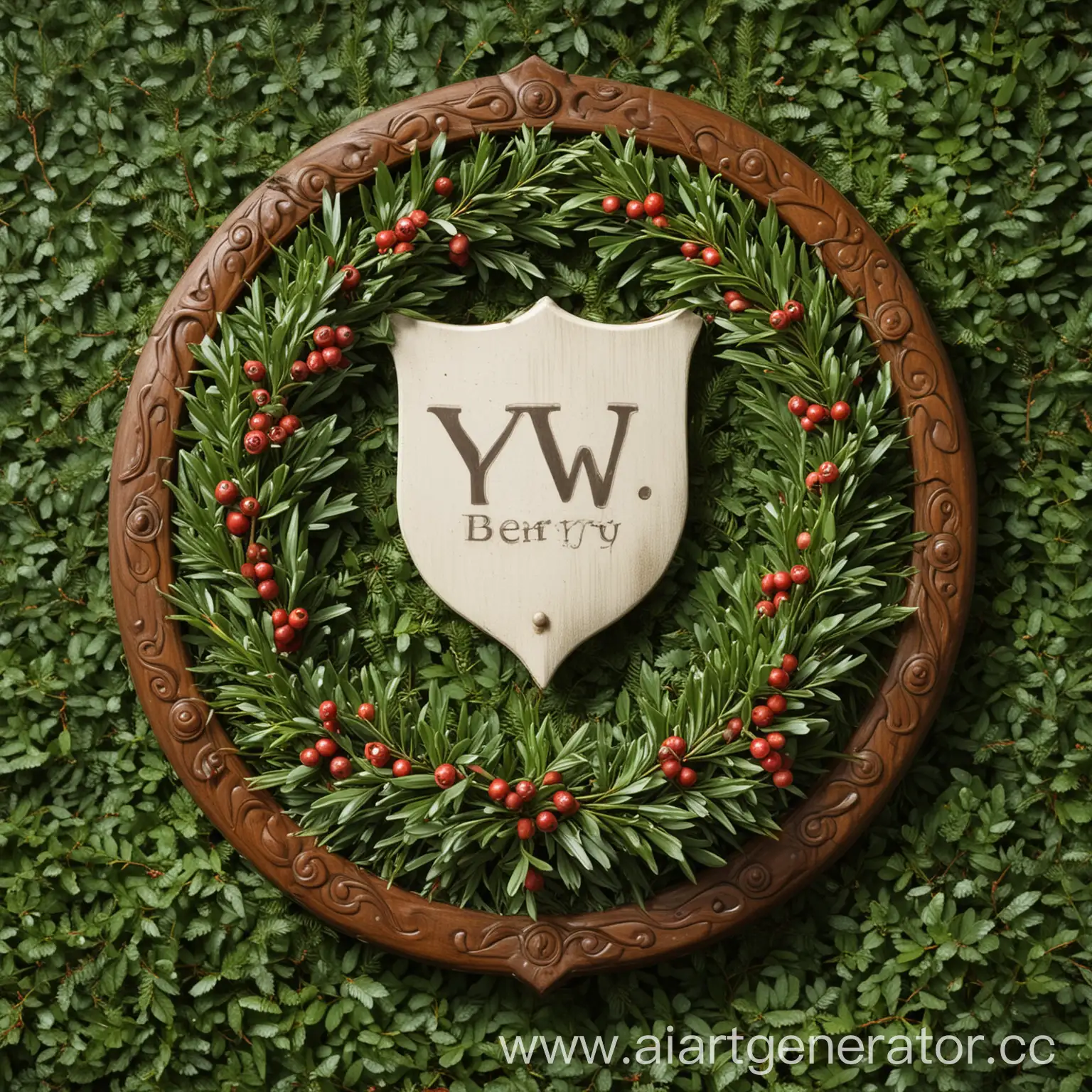 Yew-Berry-Shield-Symbolic-Yew-Bush-with-Berries-in-Green-Foliage