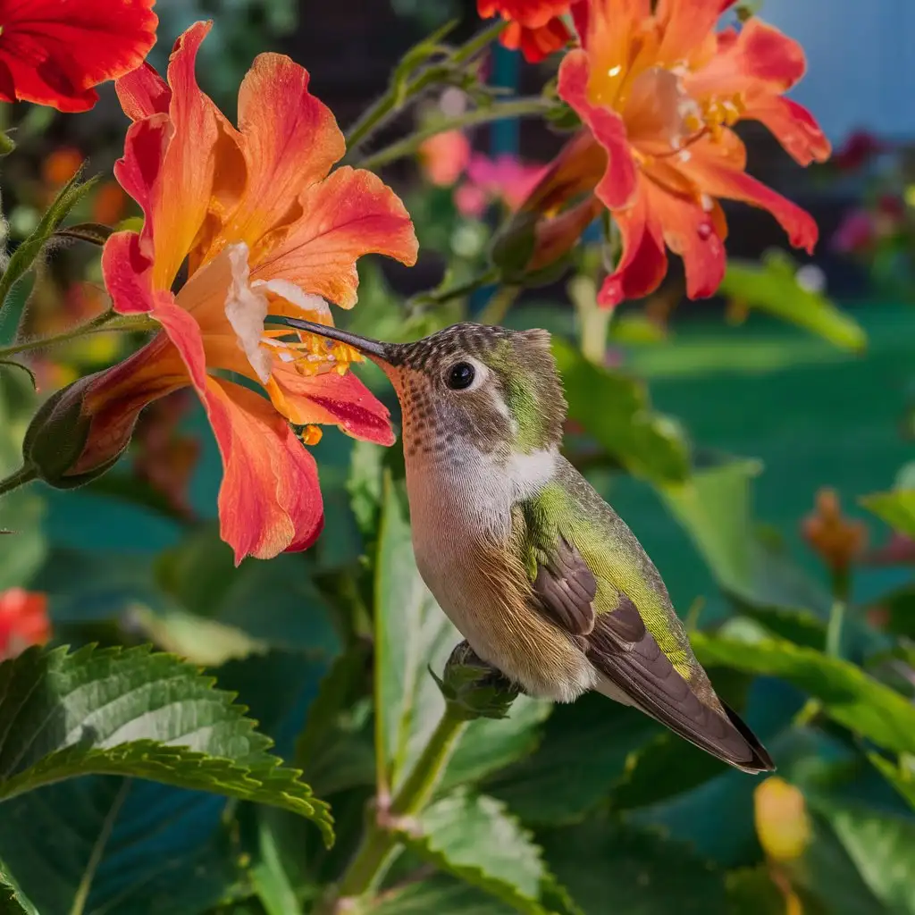 A photorealistic image of a hummingbird sipping nectar from a flower.