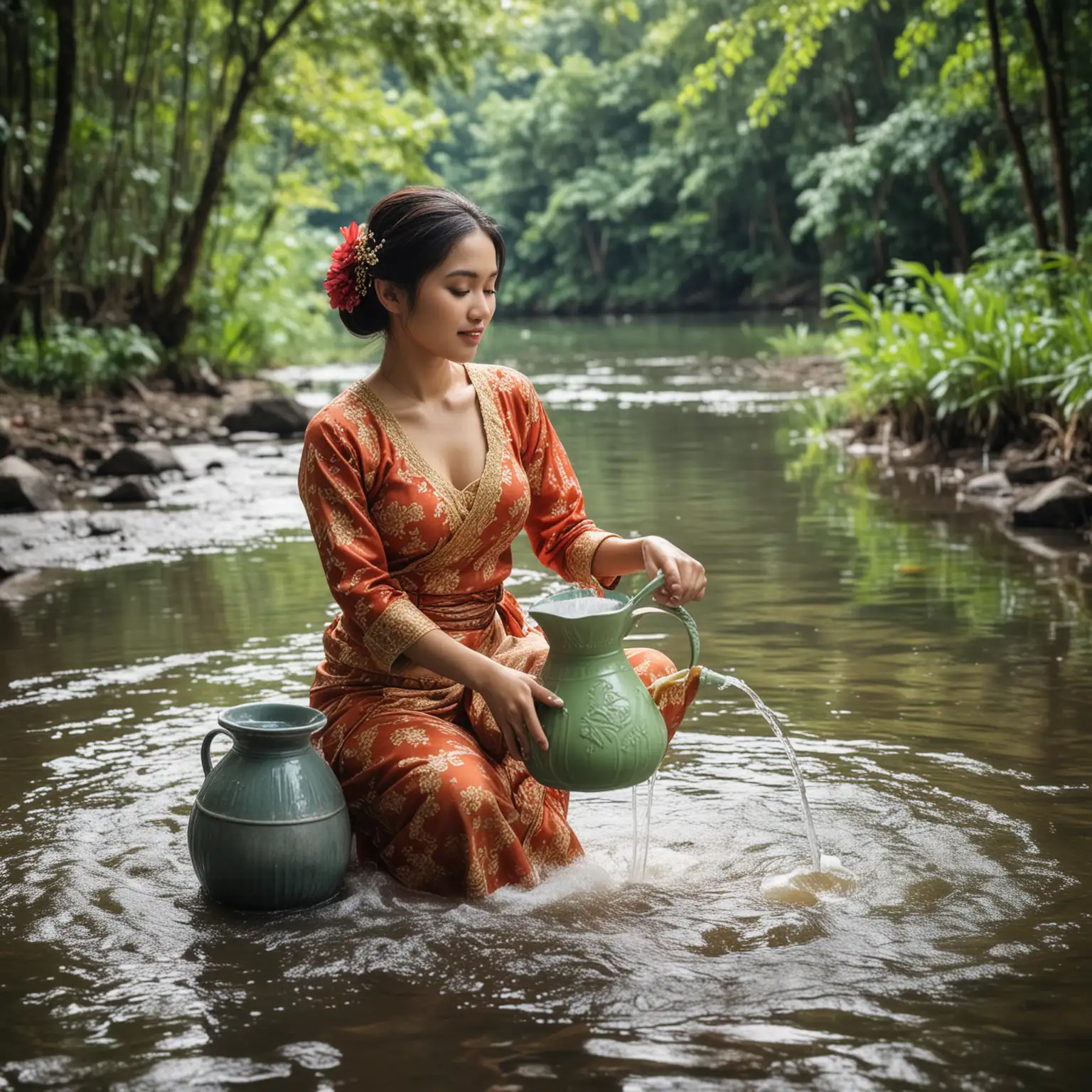 Traditional woman who is beautiful with (hairstyle), wearing kebaya, washing clothes with jug-clothes in the middle of river with view of forest that is lush, surrounded by friends
