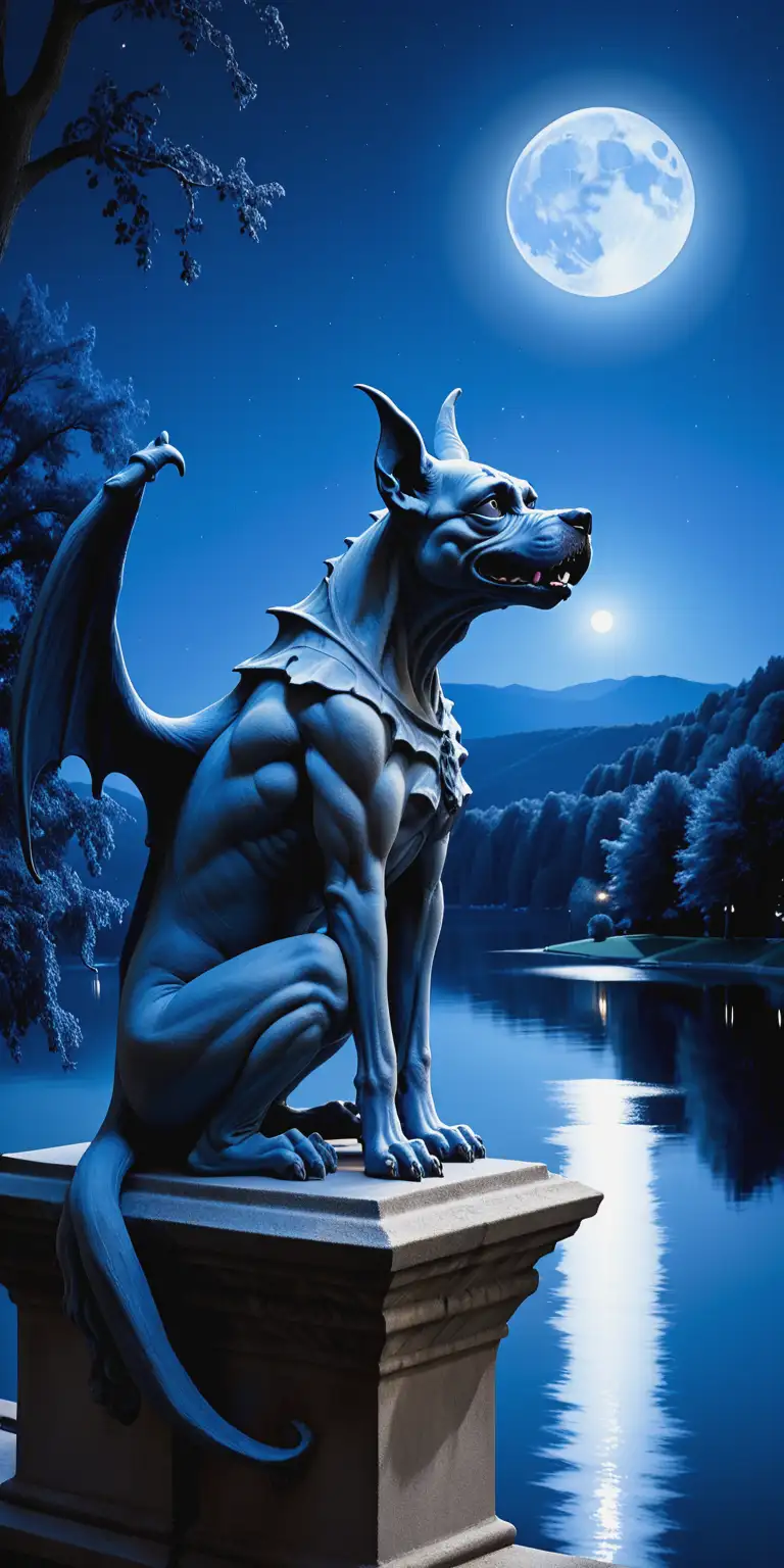 Gargoyle Statue Guardian by Moonlit Lake with Loyal Canine Companion
